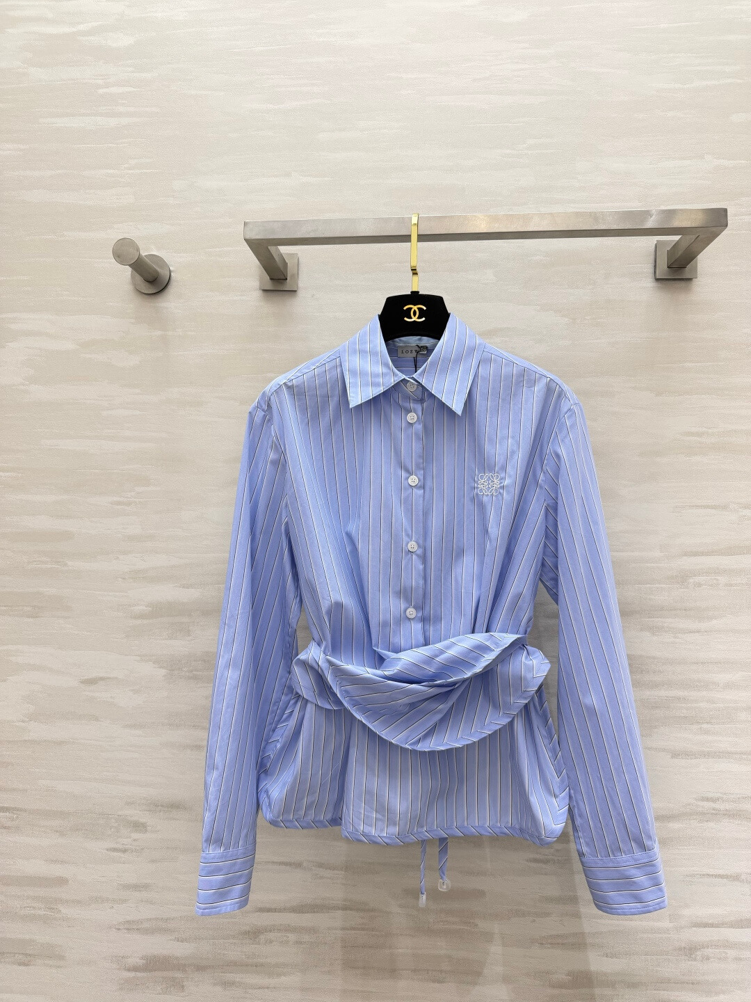 Loewe Women's Striped Long-Sleeve Draped Waist Button-Down Shirt in Light Blue - Image 2