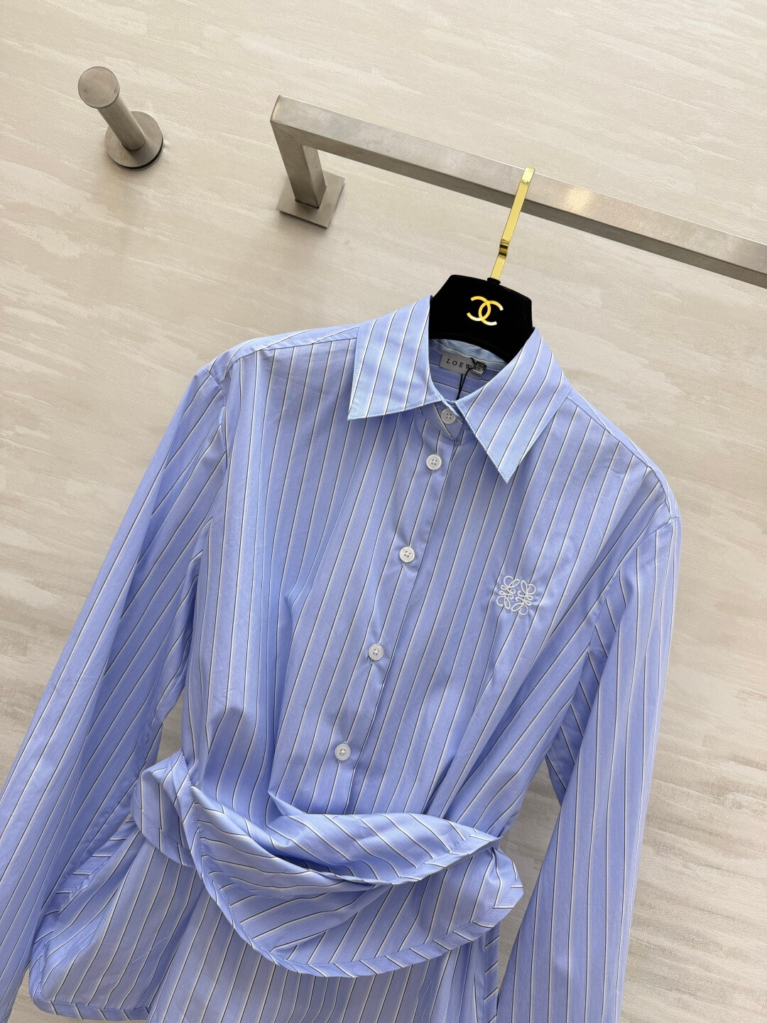 Loewe Women's Striped Long-Sleeve Draped Waist Button-Down Shirt in Light Blue - Image 3