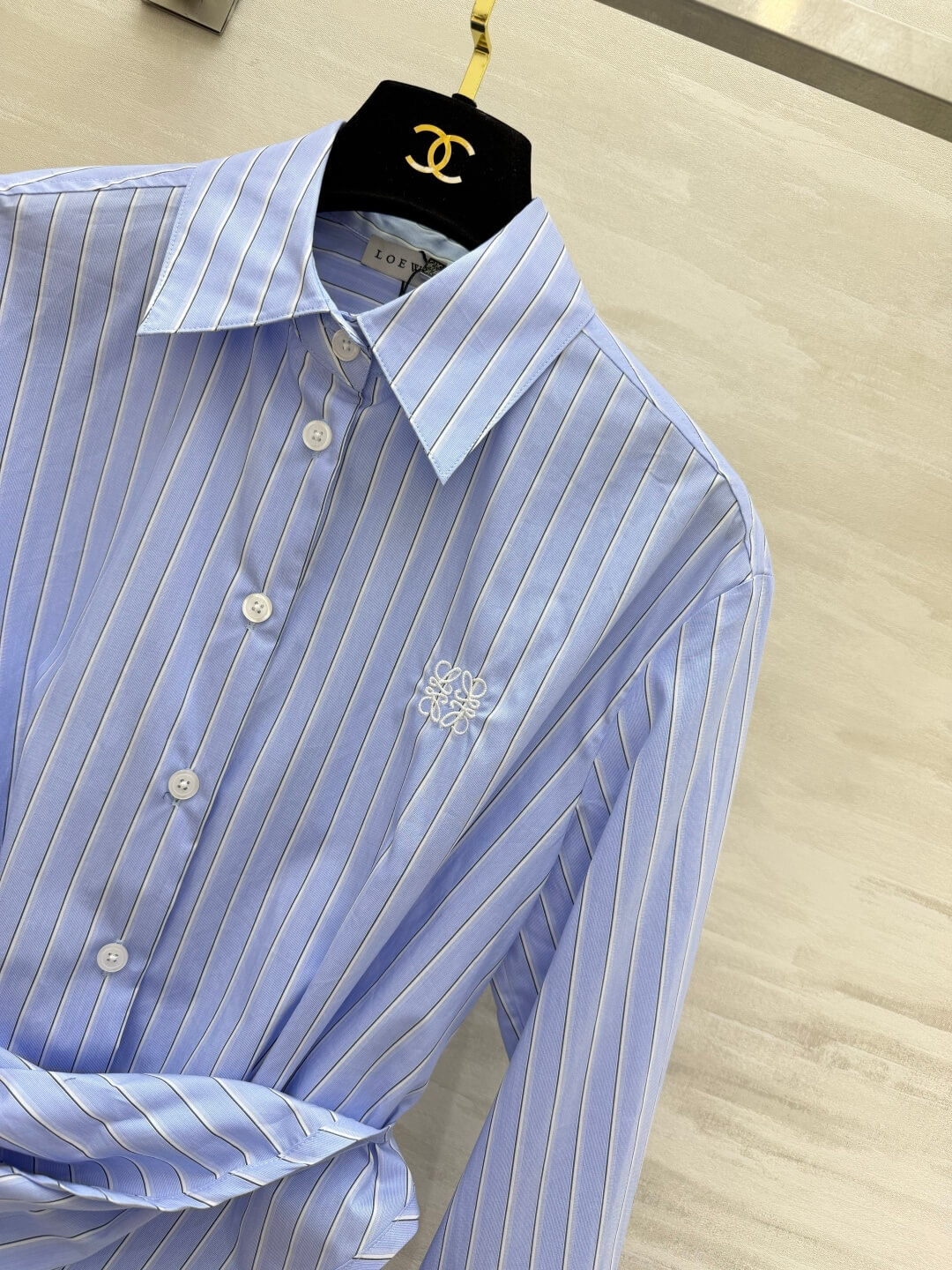 Loewe Women's Striped Long-Sleeve Draped Waist Button-Down Shirt in Light Blue - Image 7