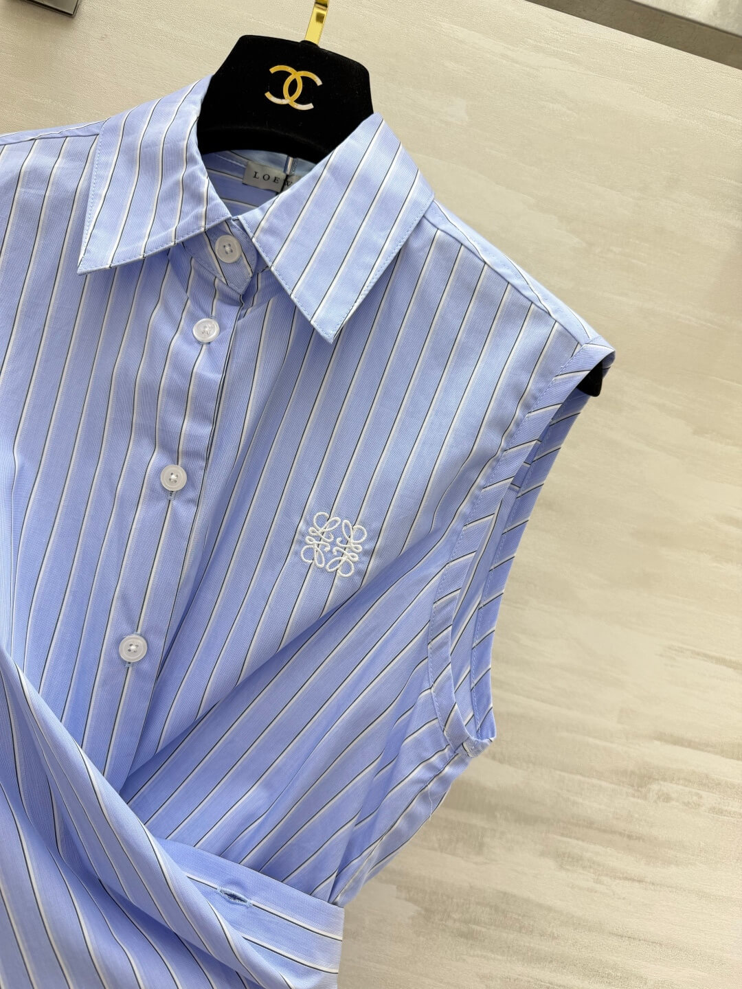 Loewe Women's Striped Sleeveless Draped Waist Button-Down Shirt in Light Blue - Image 4