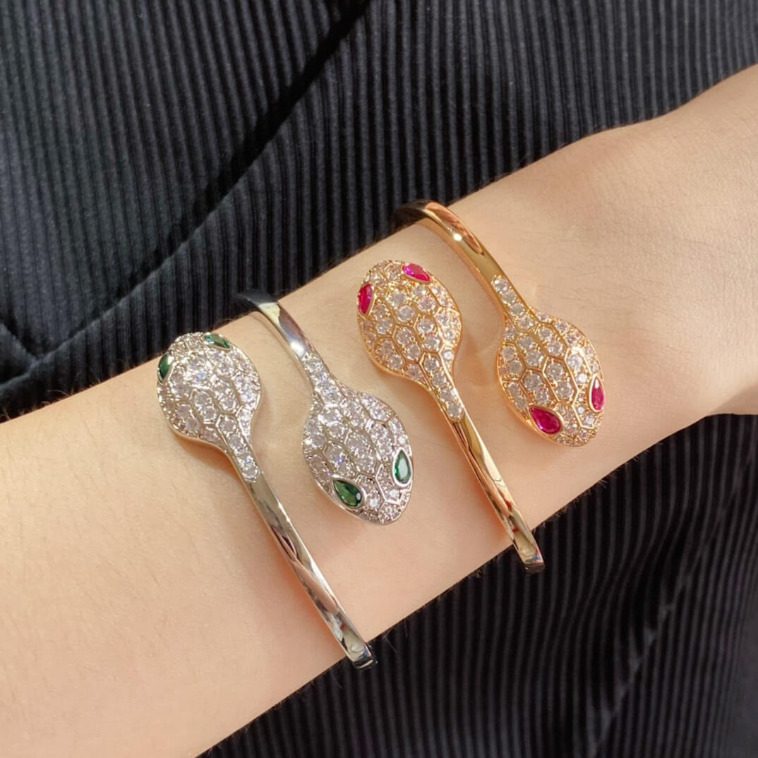 Bvlgari S Serpenti Seduttori Inspired Diamond Pave Snake Head Cuff Bangle Bracelet