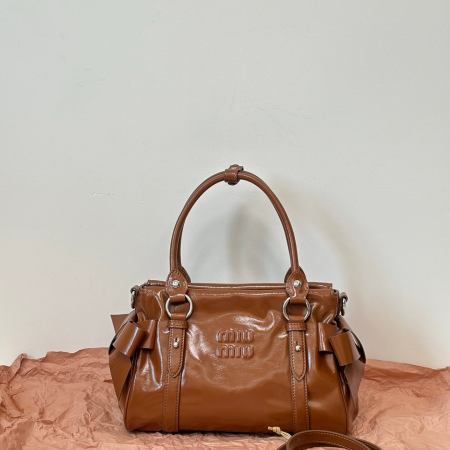 Miu Miu Bow Patent Leather Satchel Bag – Palisander Brown