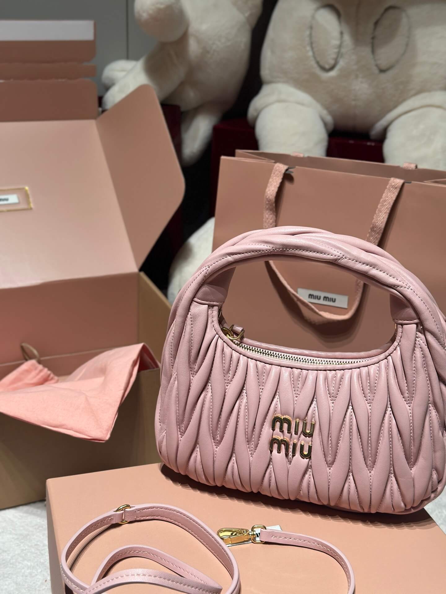 Miu Miu Wander Matelassé Nappa Leather Hobo Bag – Pink