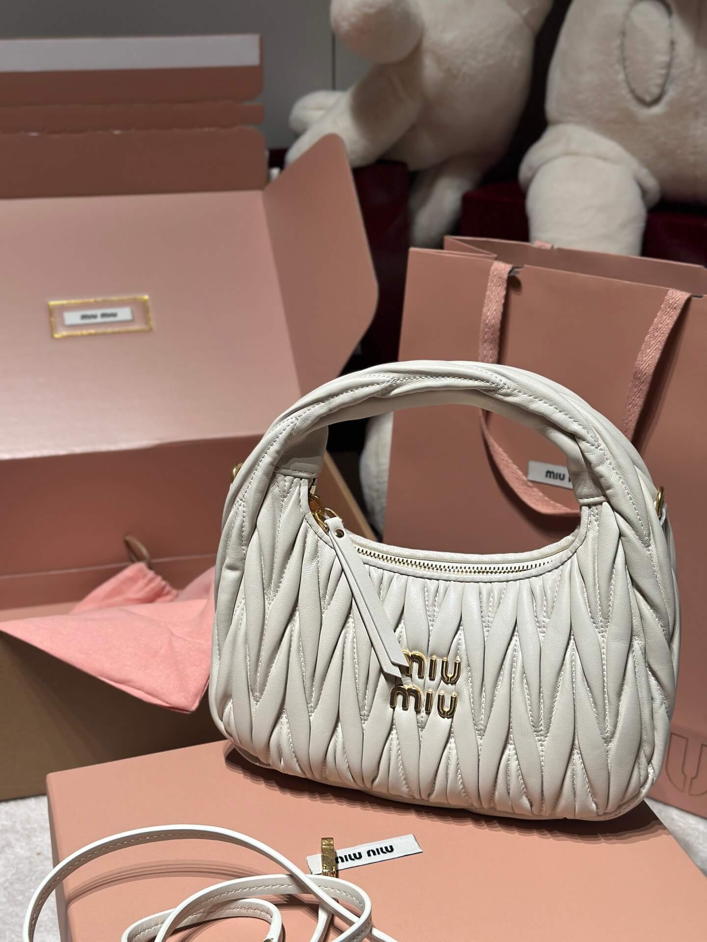 Miu Miu Wander Matelassé Nappa Leather Hobo Bag – White
