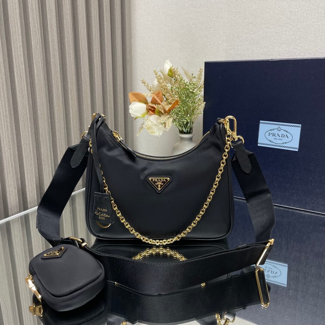 Prada Re-Edition 2005 Re-Nylon Black Shoulder Bag with Chain and Removable Pouch