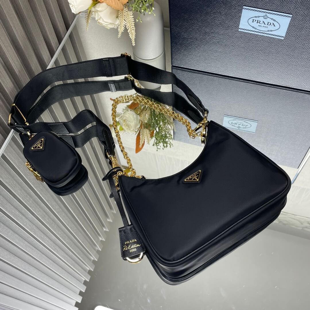 Prada Re-Edition 2005 Re-Nylon Black Shoulder Bag with Chain and Removable Pouch - Image 4