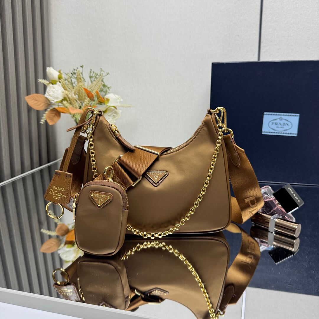 Prada Re-Edition 2005 Re-Nylon Brown Shoulder Bag with Chain and Removable Pouch
