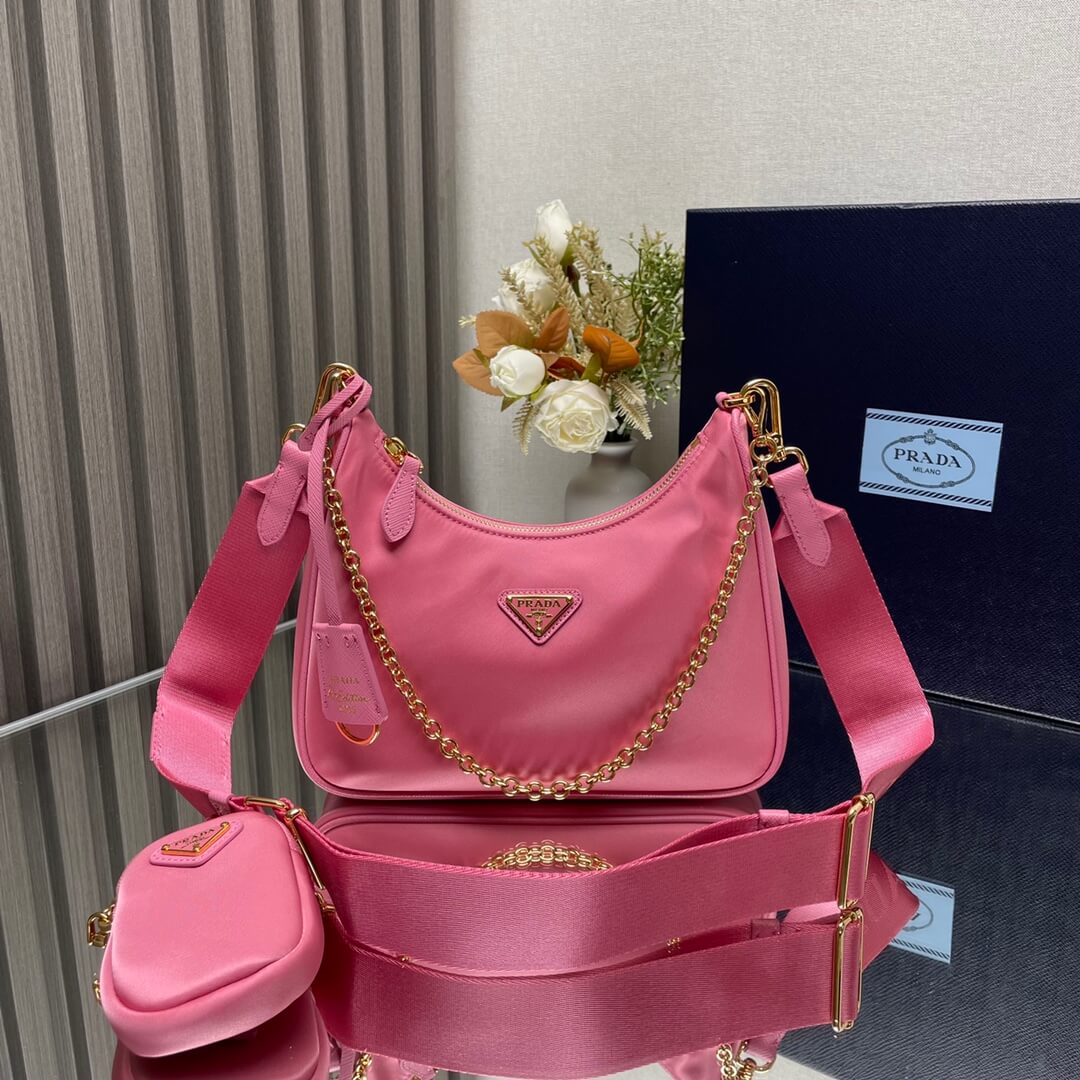 Prada Re-Edition 2005 Re-Nylon Pink Shoulder Bag with Chain and Removable Pouch