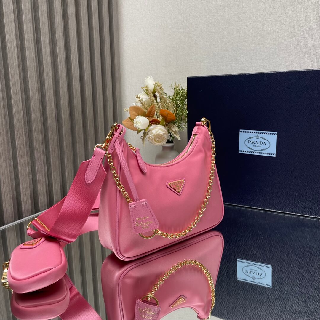 Prada Re-Edition 2005 Re-Nylon Pink Shoulder Bag with Chain and Removable Pouch - Image 3