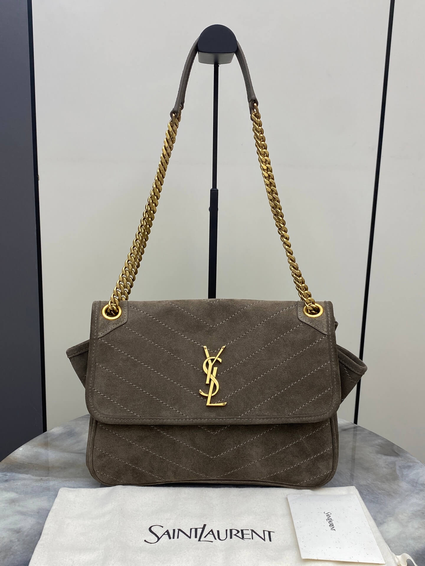 Saint Laurent Niki Medium Bag in Brown/Musk Green Suede