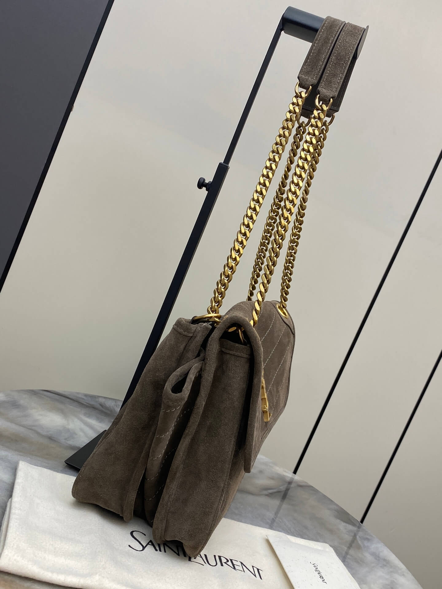 Saint Laurent Niki Medium Bag in Brown/Musk Green Suede - Image 2