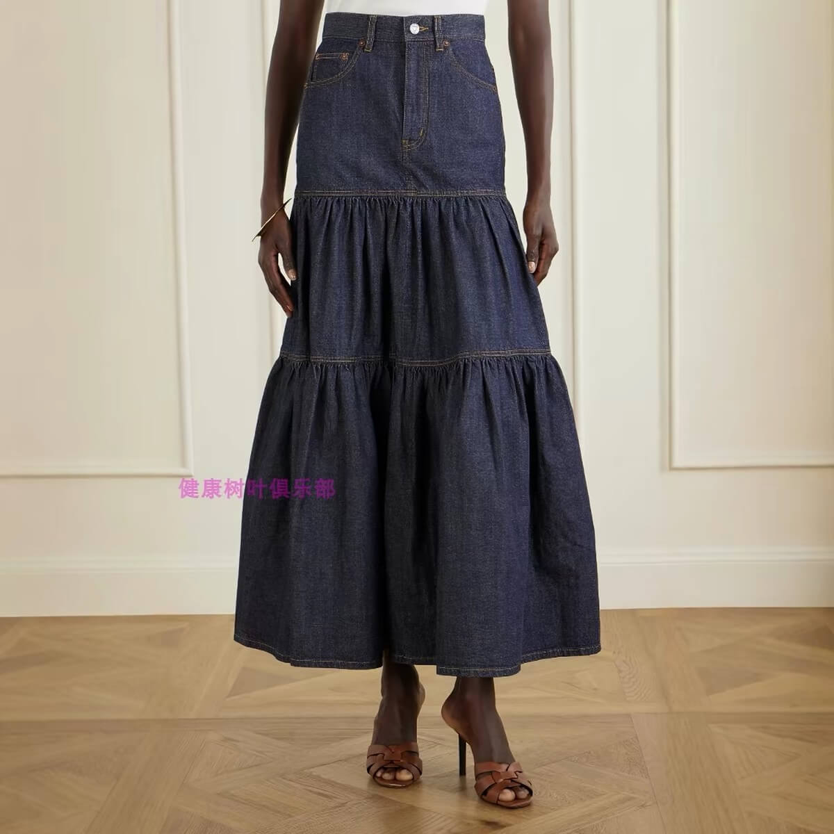 Saint Laurent Women's High-Rise Tiered Denim Maxi Skirt in Dark Indigo Blue