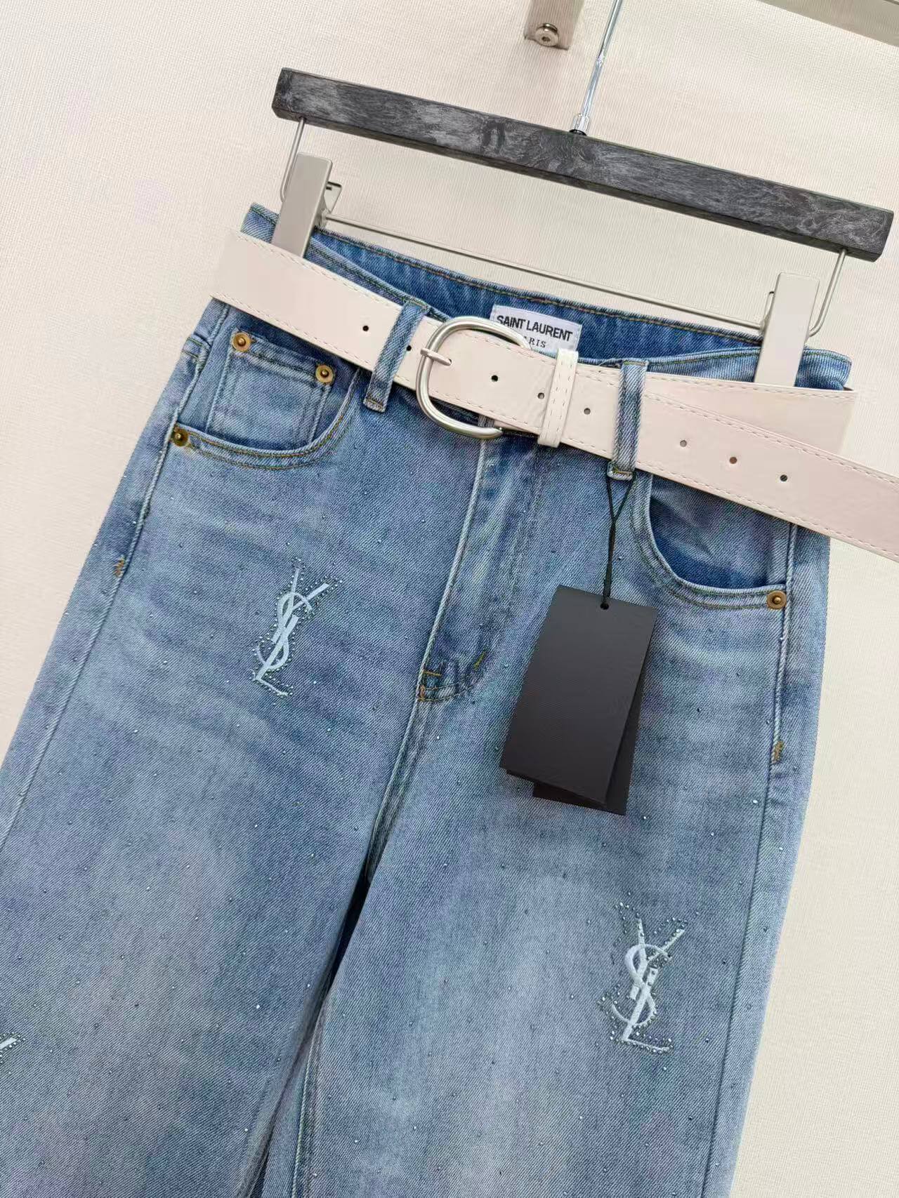 Saint Laurent Women's Monogram Embroidered Rhinestone Straight-Leg Jeans in Light Wash Blue. - Image 2