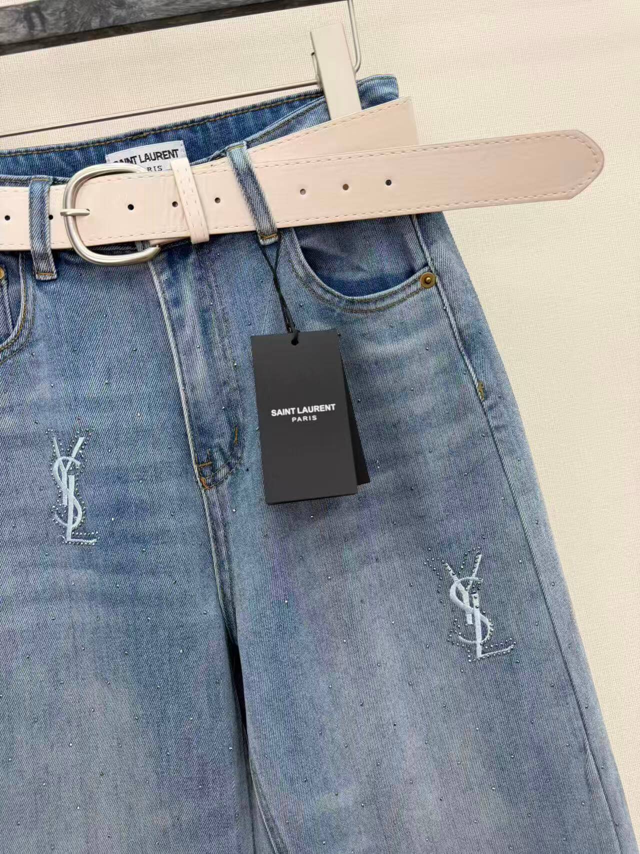 Saint Laurent Women's Monogram Embroidered Rhinestone Straight-Leg Jeans in Light Wash Blue. - Image 3