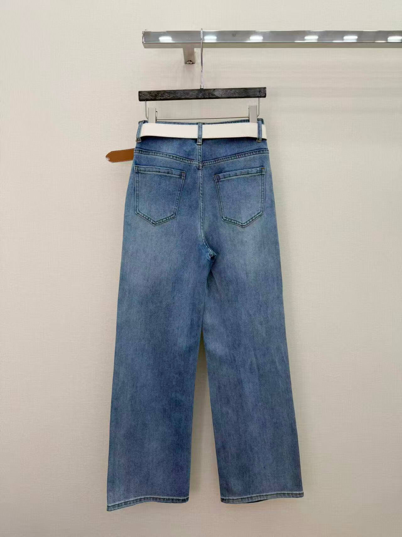 Saint Laurent Women's Monogram Embroidered Rhinestone Straight-Leg Jeans in Light Wash Blue. - Image 4