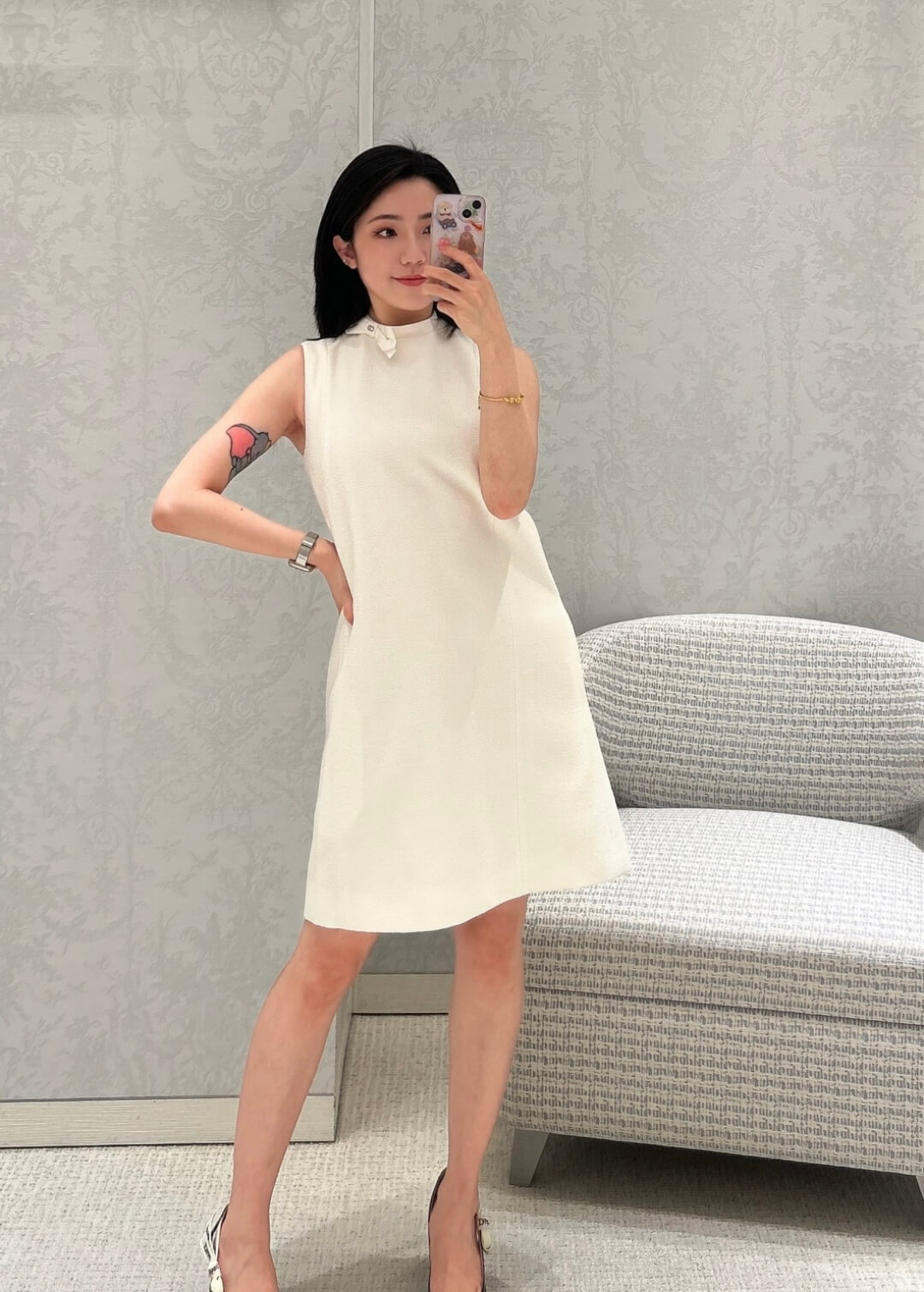 Dior Sleeveless Mock-Neck A-Line Mini Shift Dress with Side Pockets