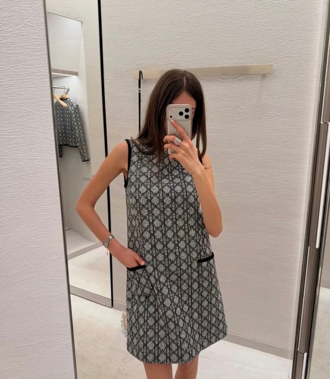 Dior Sleeveless Monogram Print Jacquard A-Line Mini Dress with Contrast Trim and Pockets