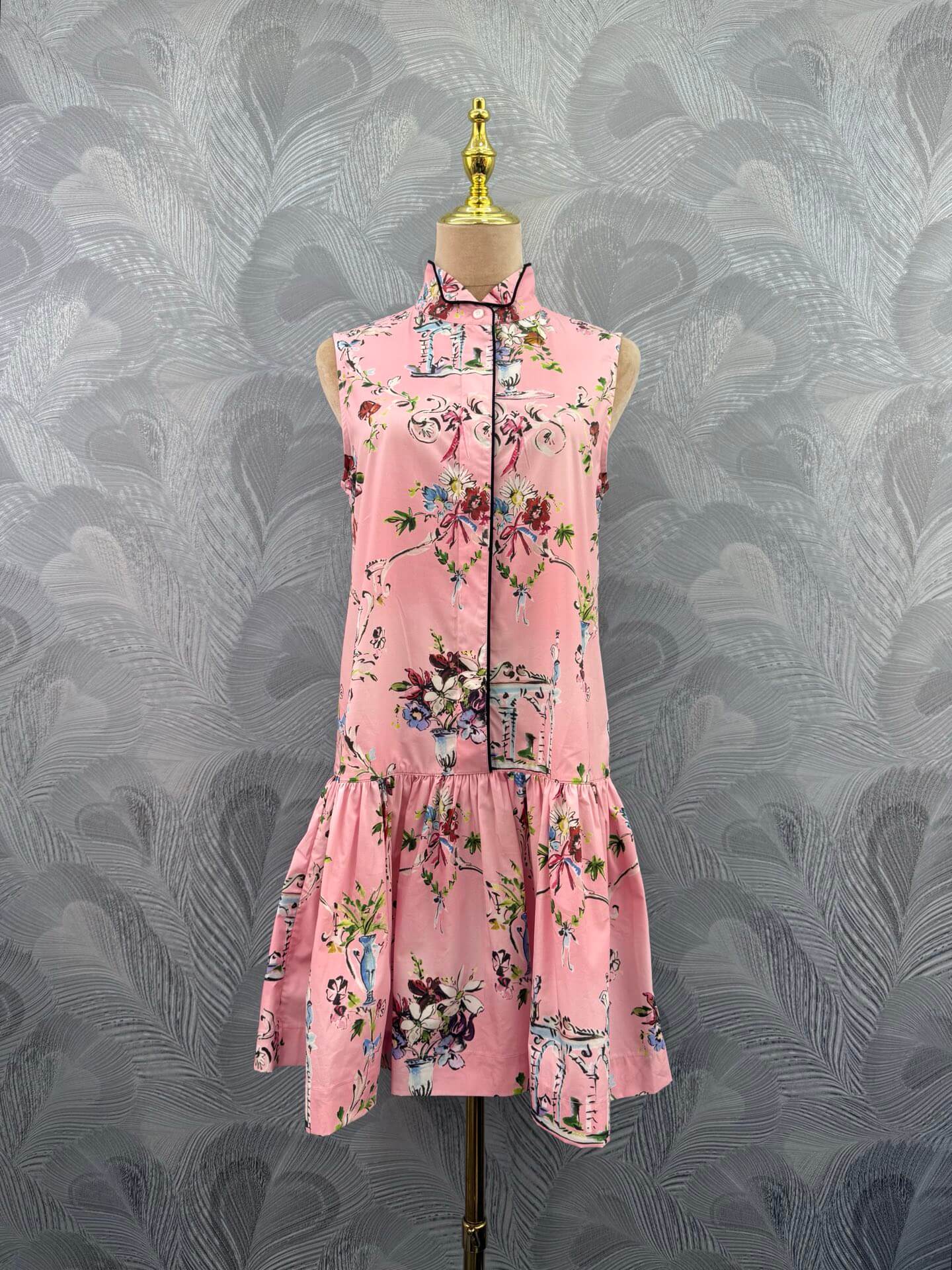 Dior Sleeveless Pink Floral Print Collared Drop-Waist Mini Dress with Contrast Piping