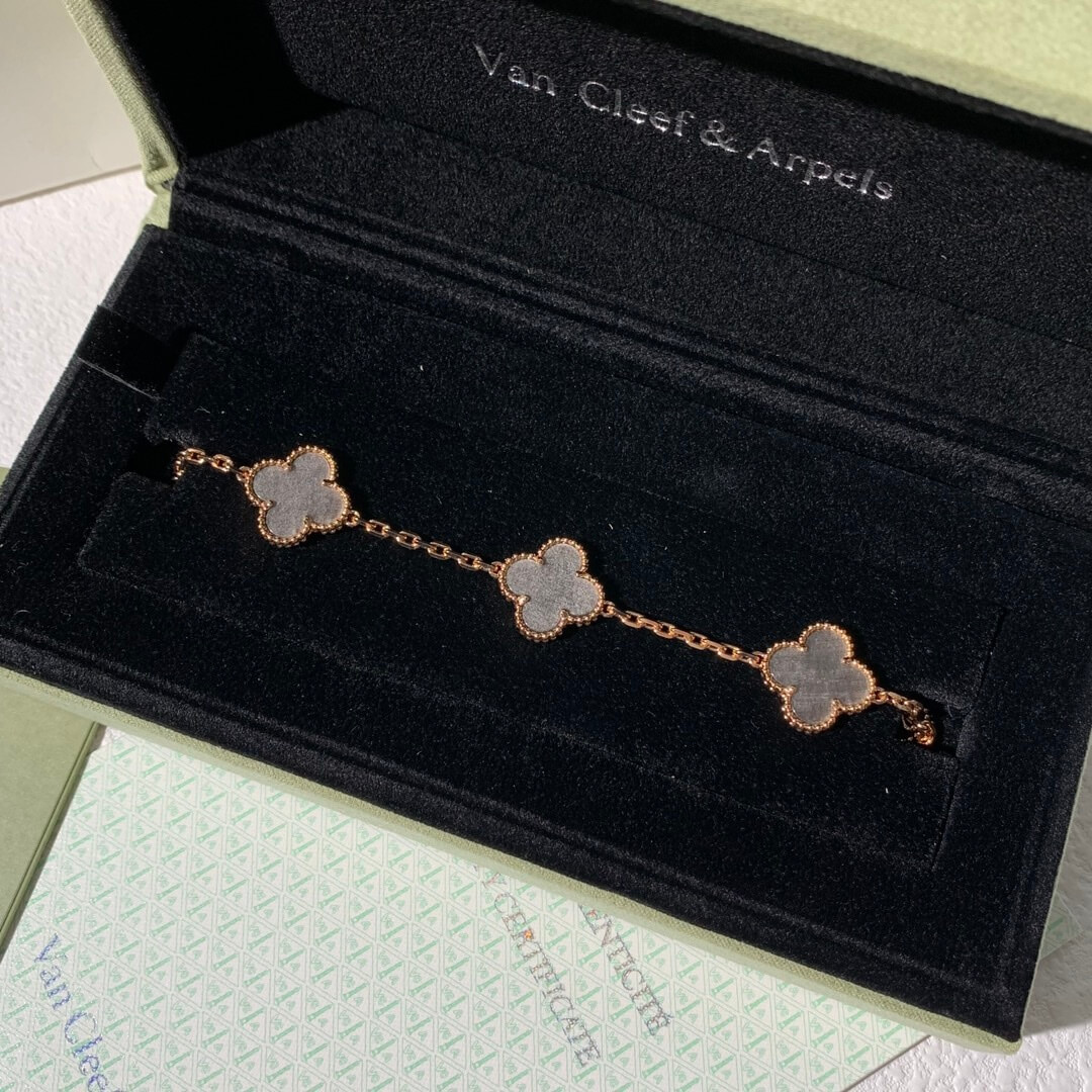 Van Cleef & Arpels Vintage Alhambra 5 Motif Bracelet – Rose Gold & Grey Mother-of-Pearl Style