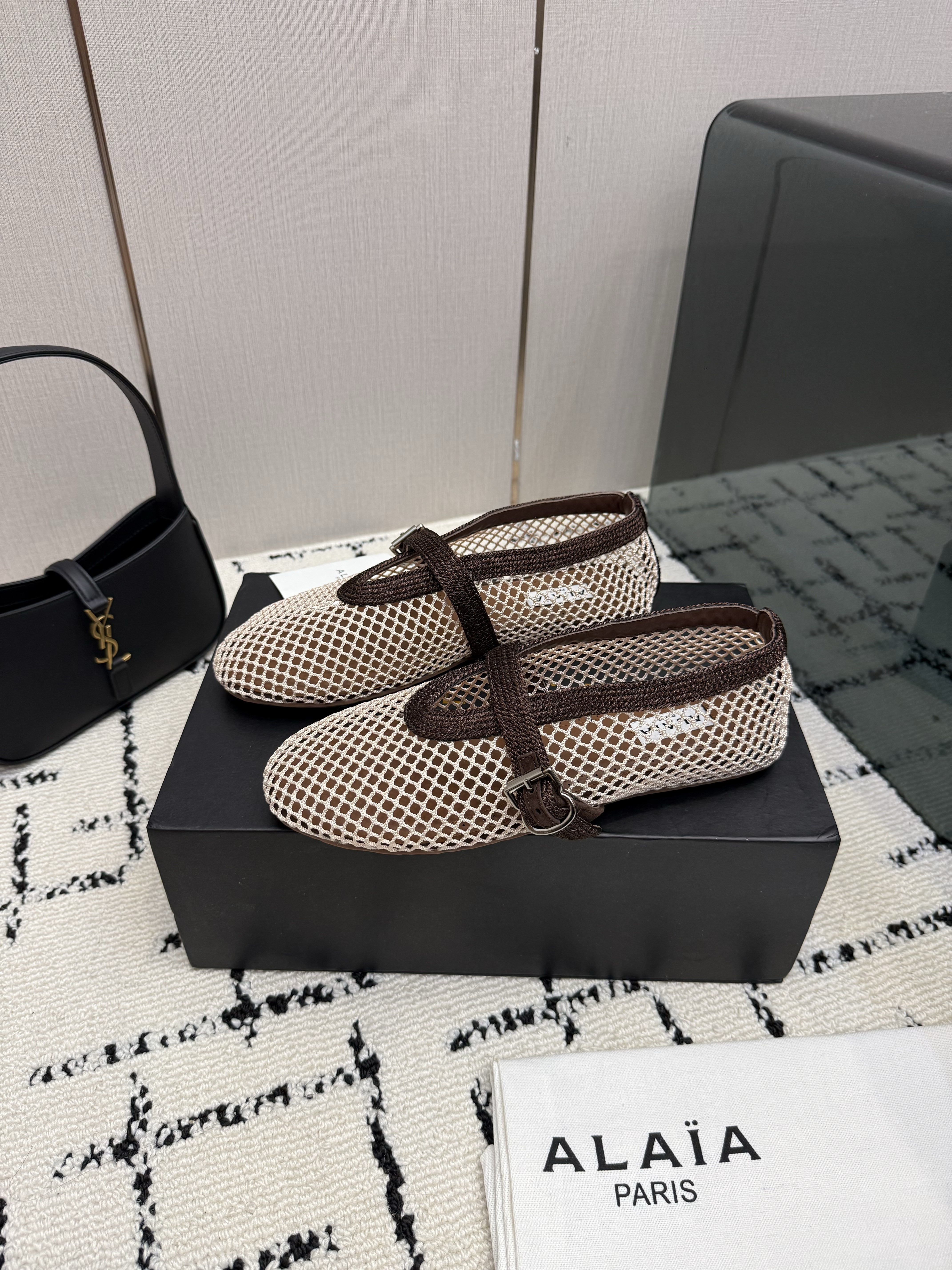 Alaïa Beige Fishnet Ballet Flats with Brown T-Strap