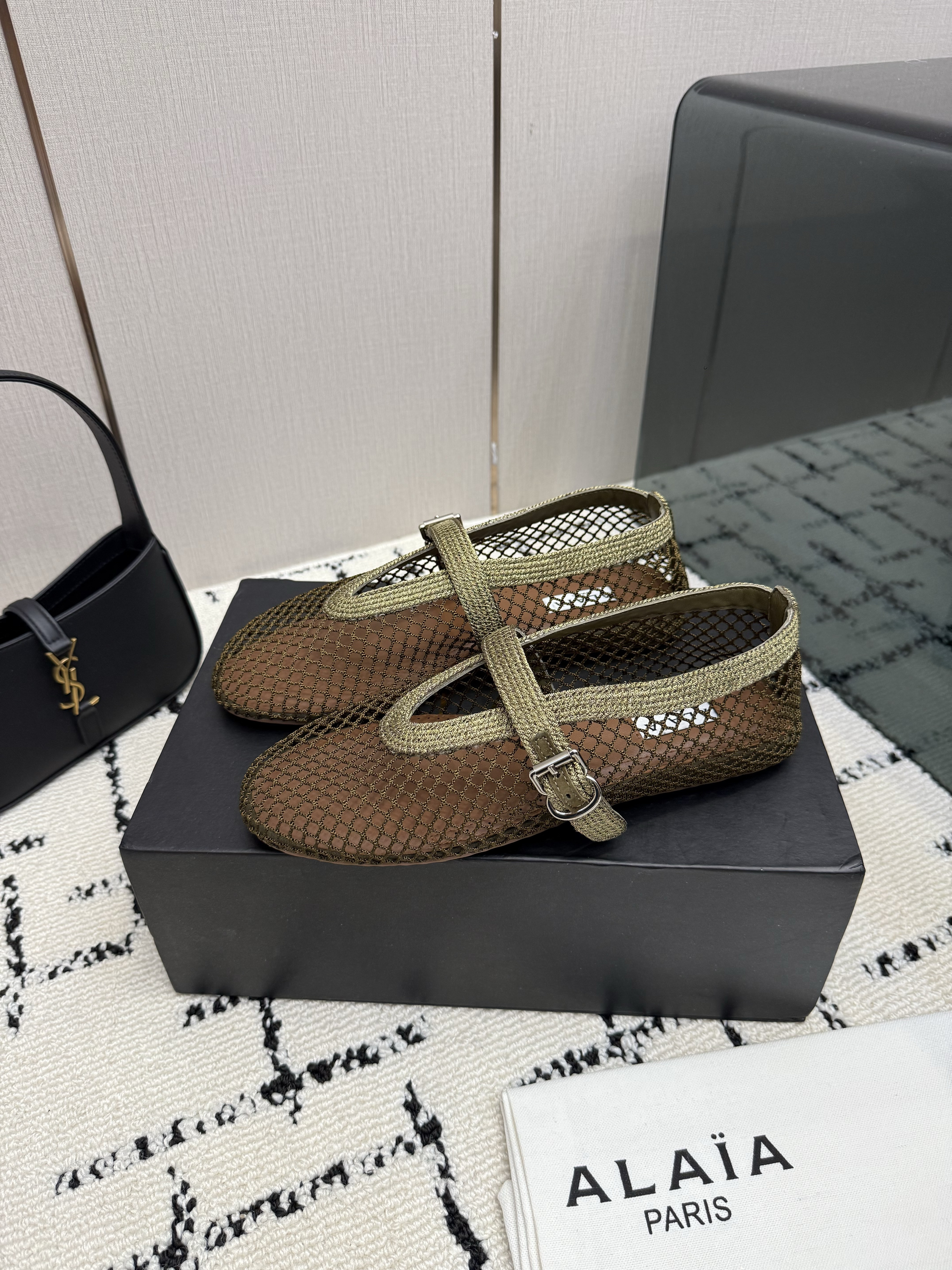 Alaïa Olive Fishnet Ballet Flats with T-Strap