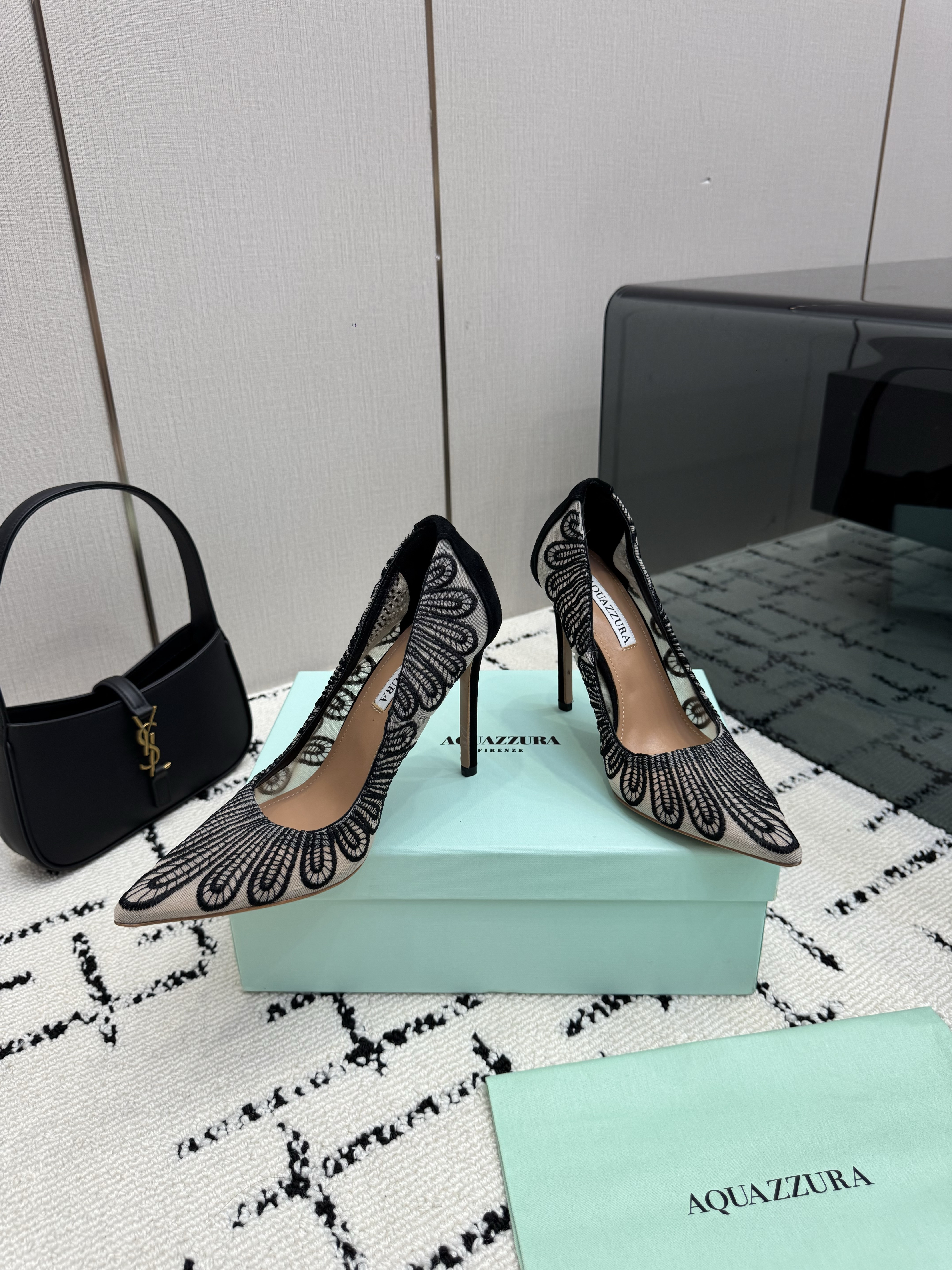 Aquazzura Chantilly 105 Black Lace Mesh Stiletto Pumps