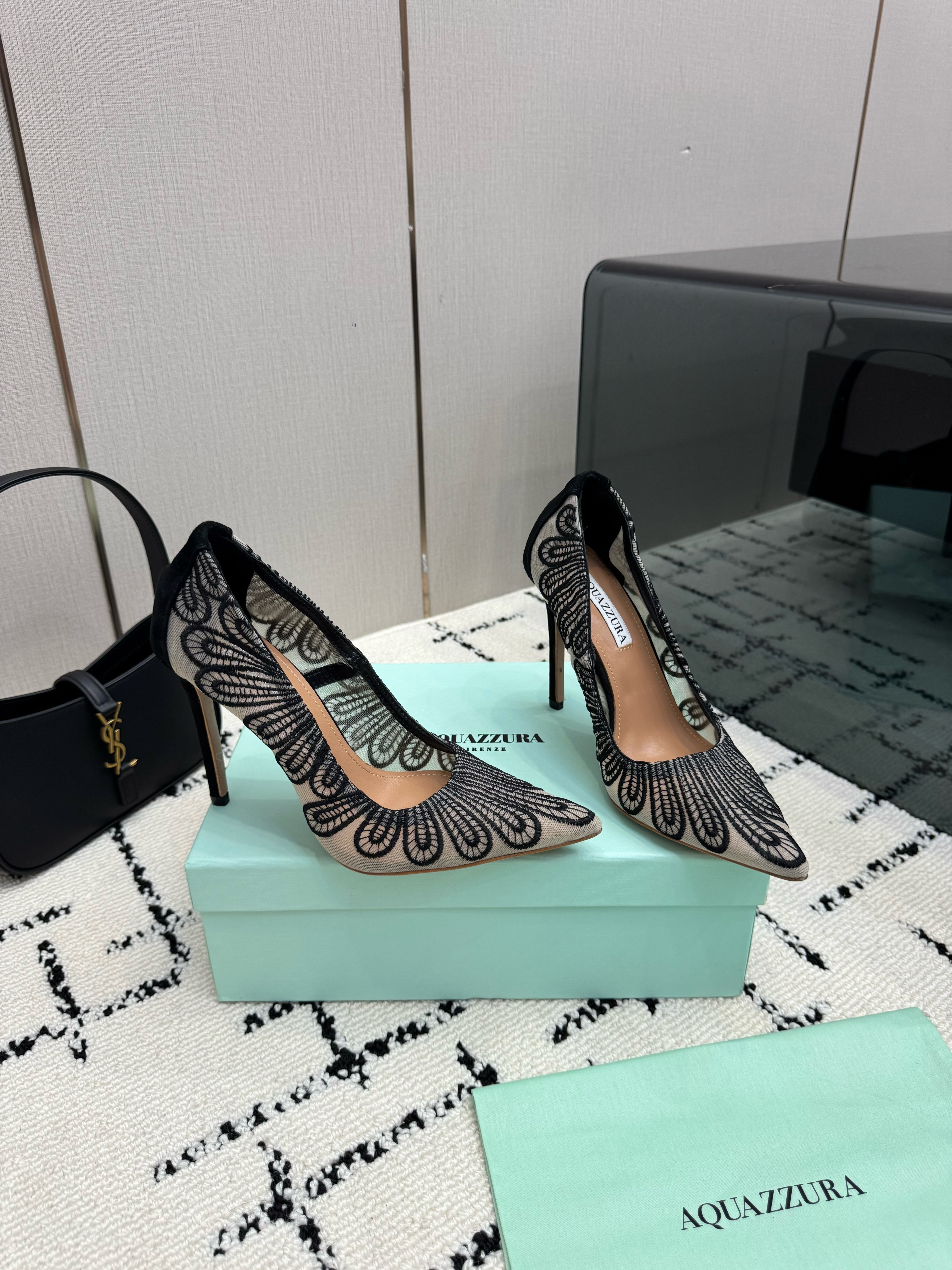 Aquazzura Chantilly 105 Black Lace Mesh Stiletto Pumps - Image 8
