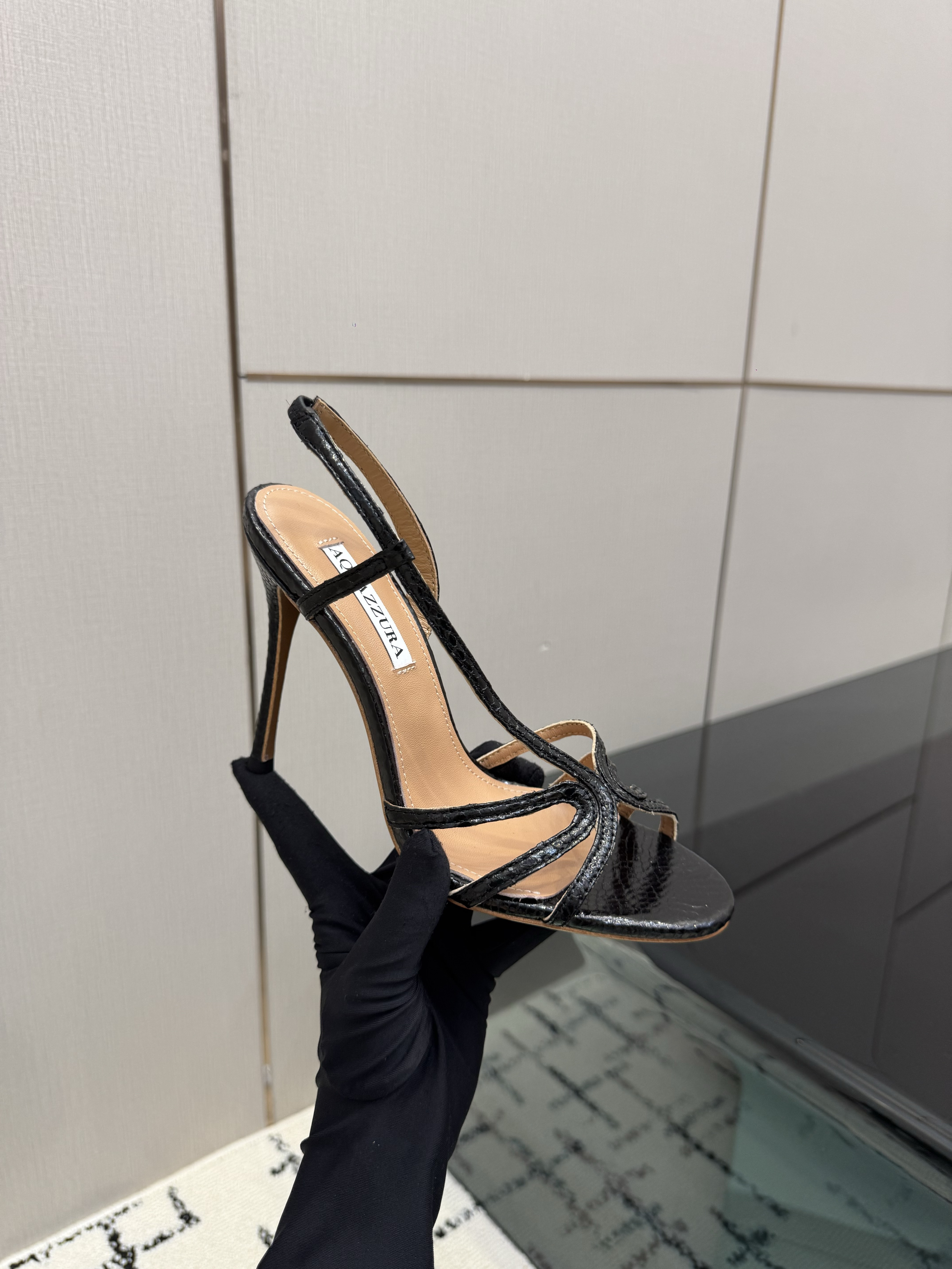Aquazzura Talk To Me Sandal 105 in Black Snake-Embossed Finish - Image 4