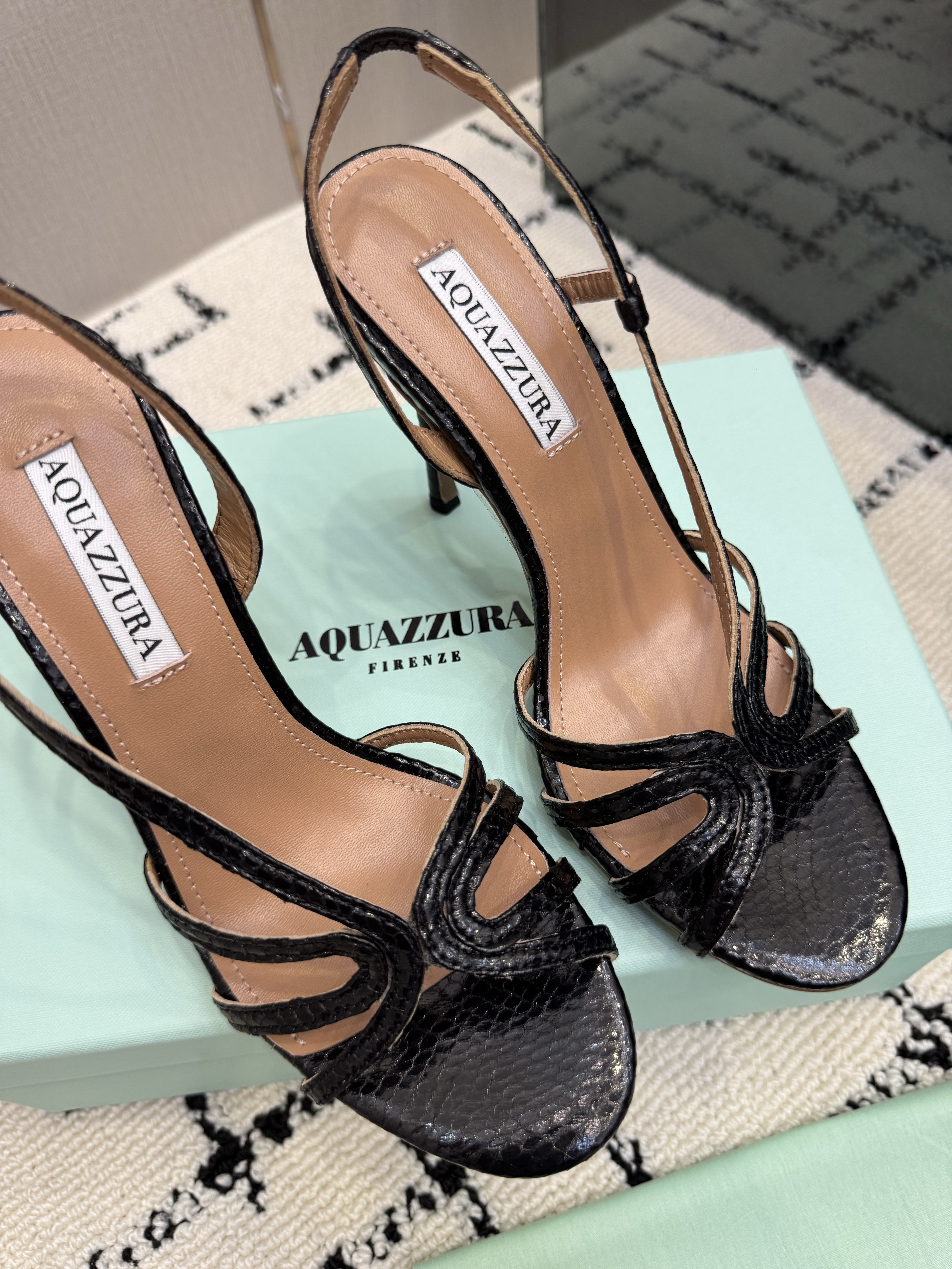 Aquazzura Talk To Me Sandal 105 in Black Snake-Embossed Finish - Image 5