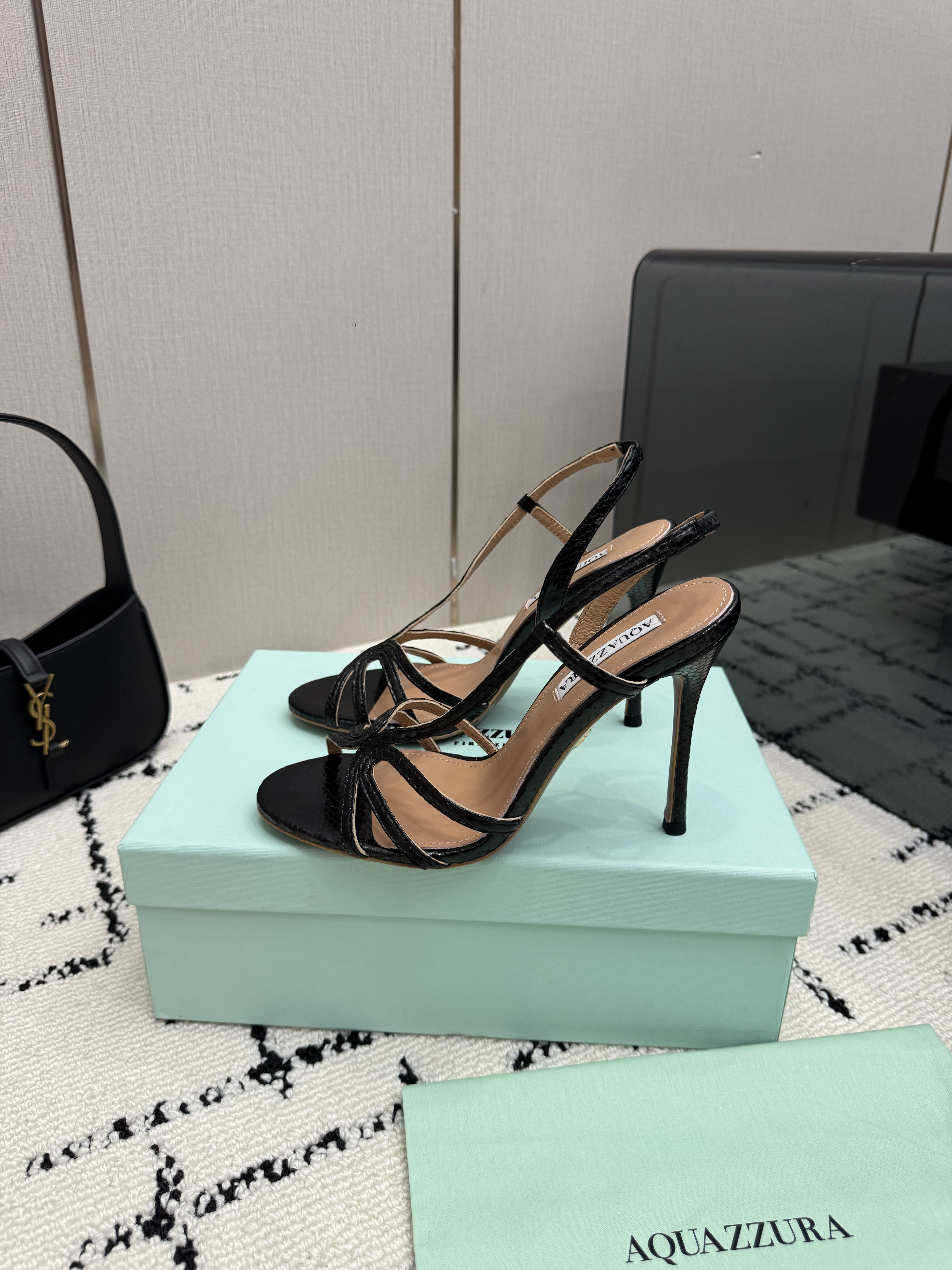 Aquazzura Talk To Me Sandal 105 in Black Snake-Embossed Finish - Image 7