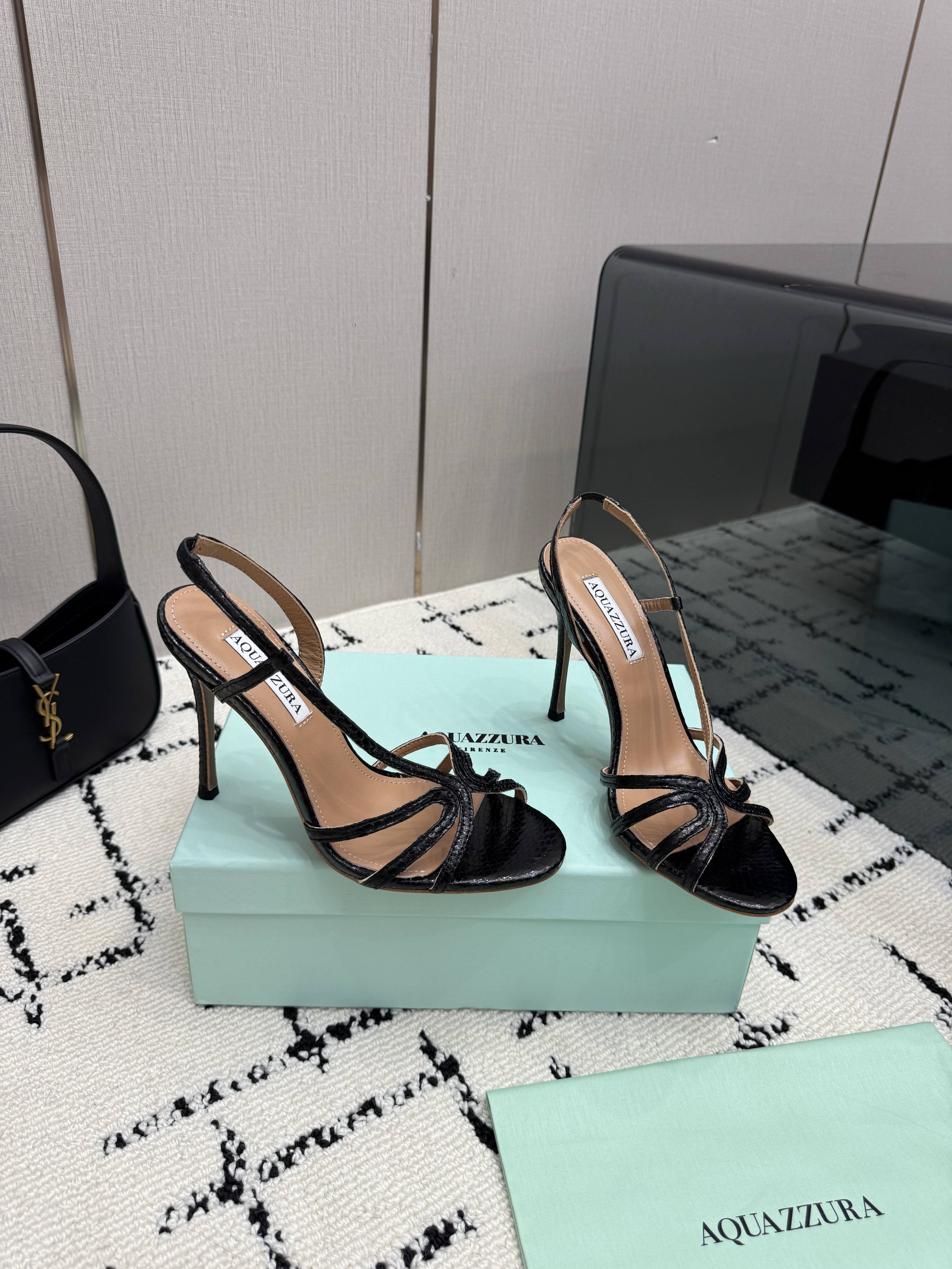 Aquazzura Talk To Me Sandal 105 in Black Snake-Embossed Finish - Image 8