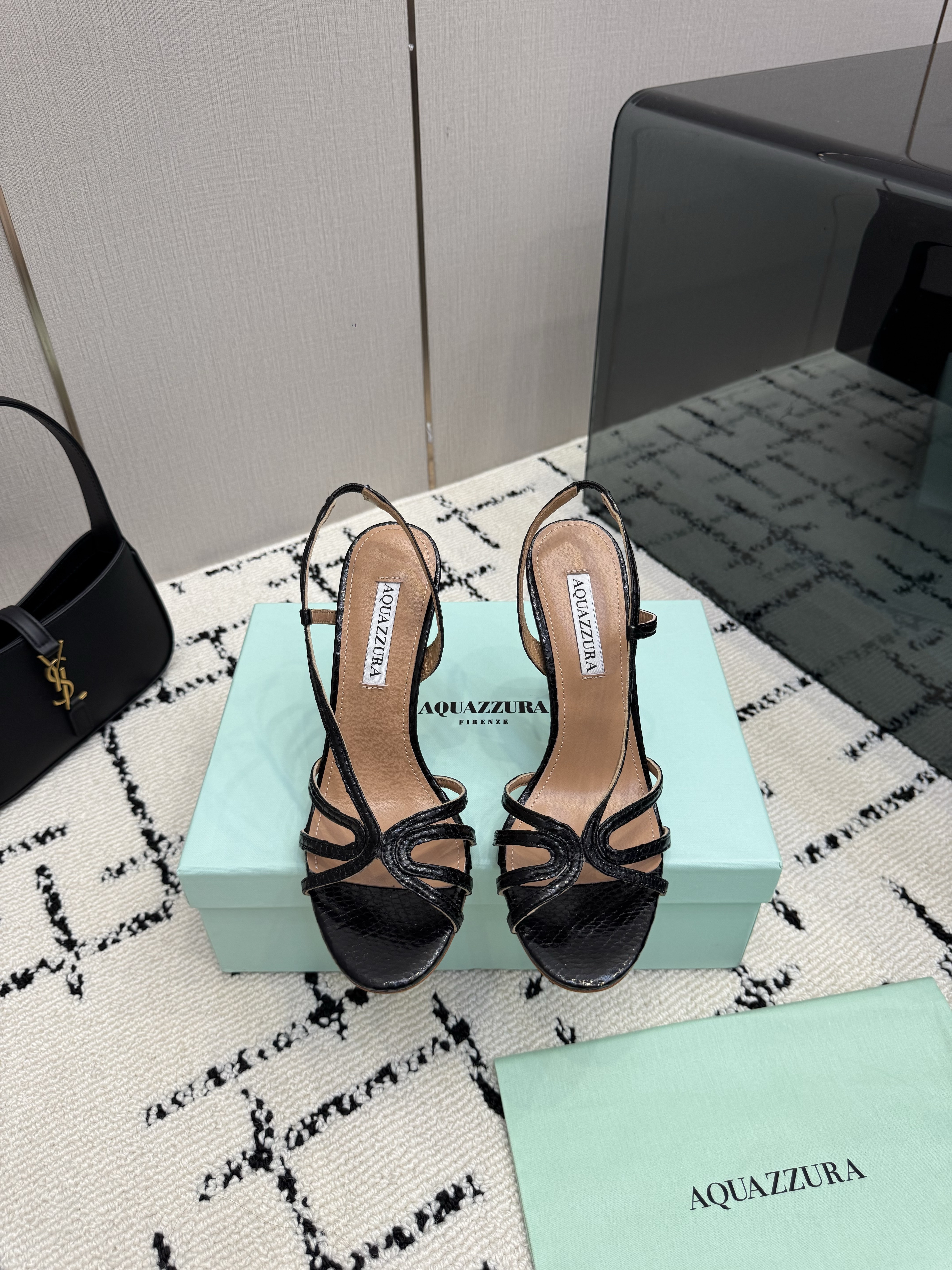 Aquazzura Talk To Me Sandal 105 in Black Snake-Embossed Finish - Image 9
