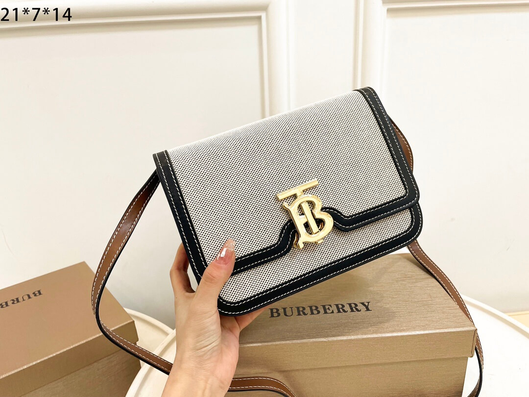 Burberry Small Two-Tone Canvas and Leather TB Shoulder Bag (Black/Natural).