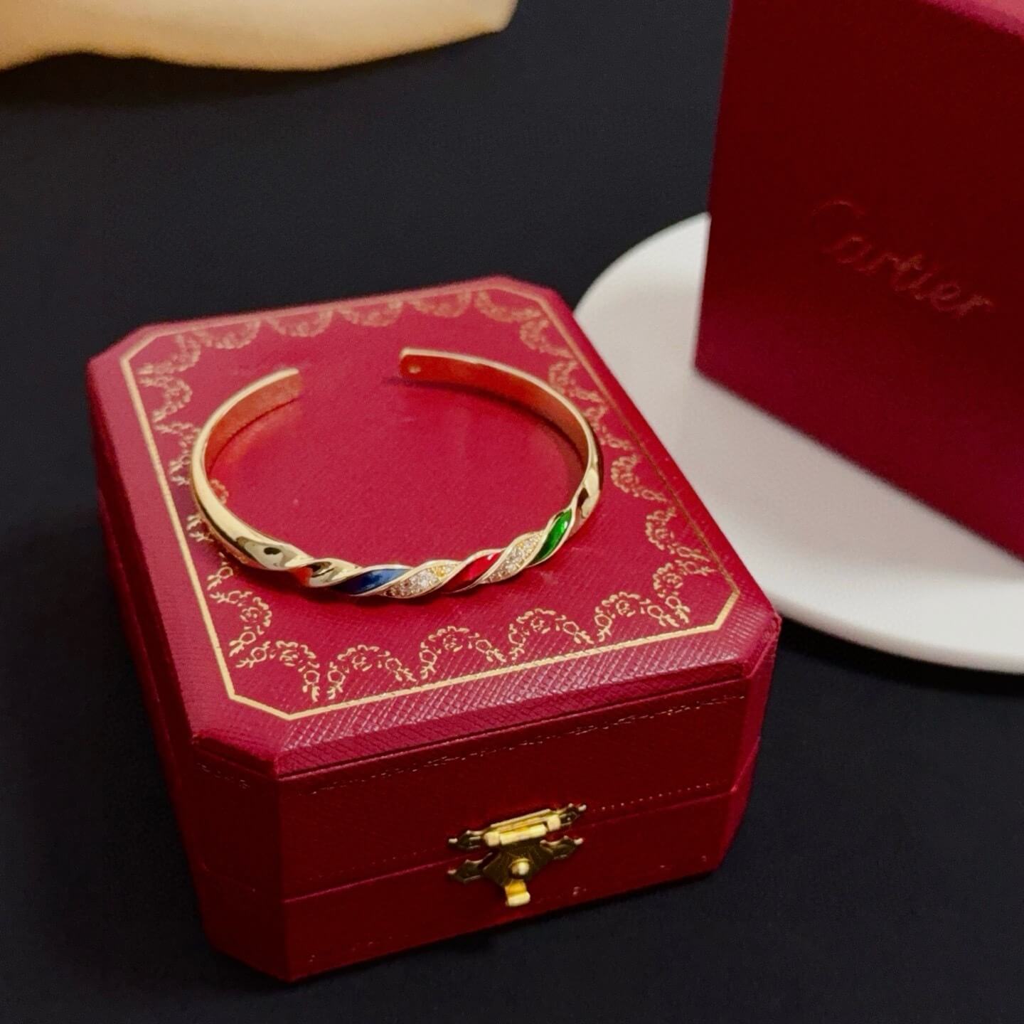 Cartier Twisted Multi-Color Enamel & Diamond Open Cuff Bangle Bracelet – Yellow Gold Style - Image 3