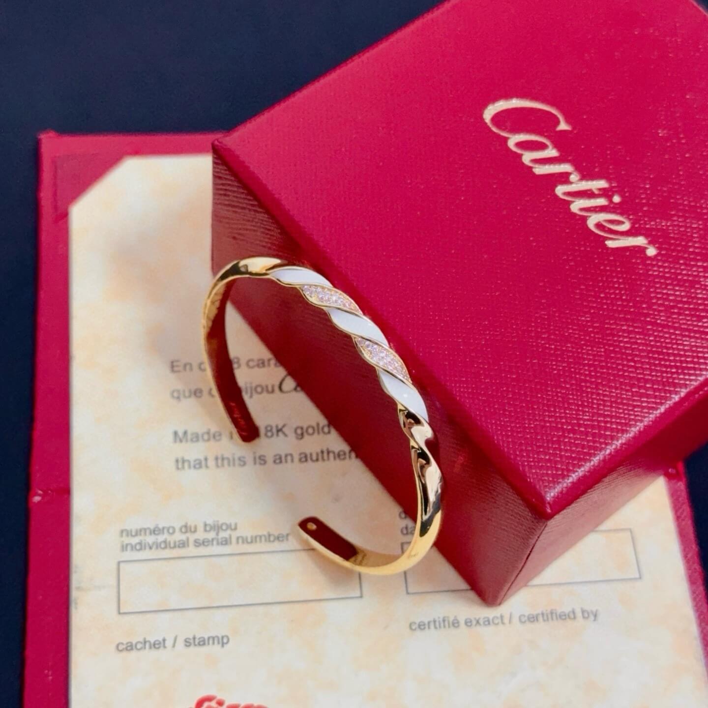 Cartier Twisted Multi-Color Enamel & Diamond Open Cuff Bangle Bracelet – Yellow Gold Style - Image 4