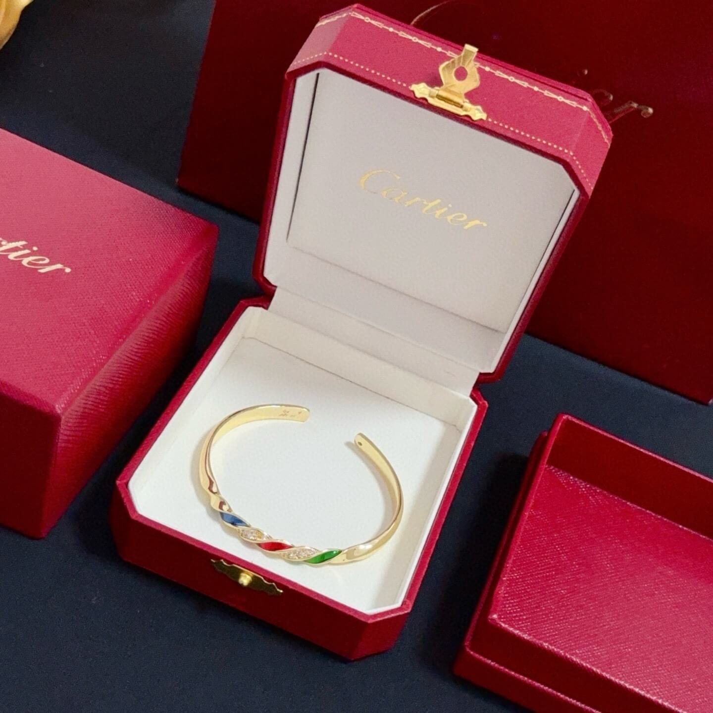 Cartier Twisted Multi-Color Enamel & Diamond Open Cuff Bangle Bracelet – Yellow Gold Style - Image 6