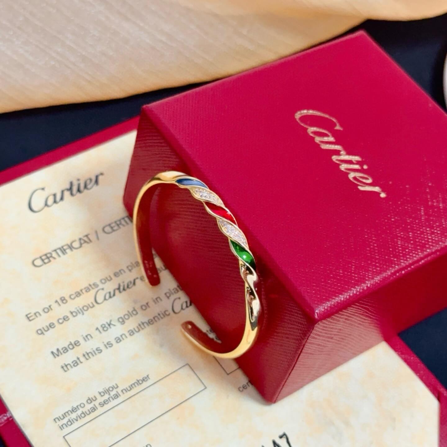 Cartier Twisted Multi-Color Enamel & Diamond Open Cuff Bangle Bracelet – Yellow Gold Style - Image 8