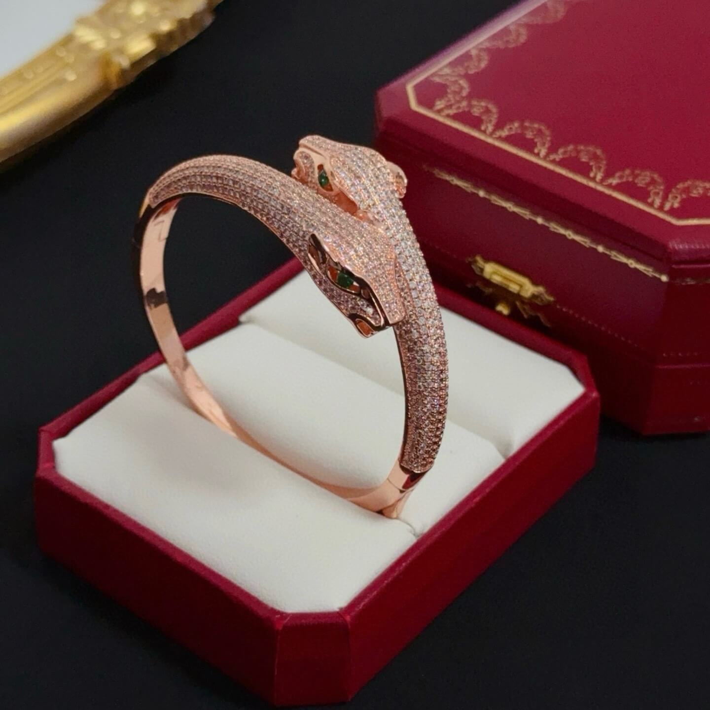 Cartier Panthère Rose Gold Pave Diamond Bangle Bracelet with Emerald Eye Detail