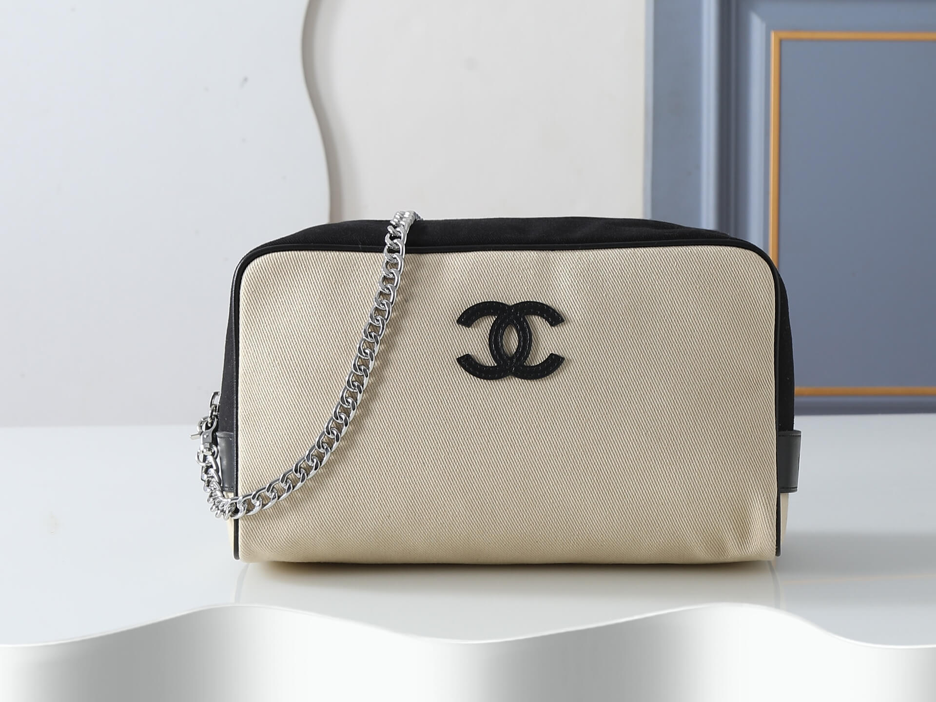 Chanel Beige Canvas and Black Leather Camera Chain Crossbody Bag Silver Hardware.