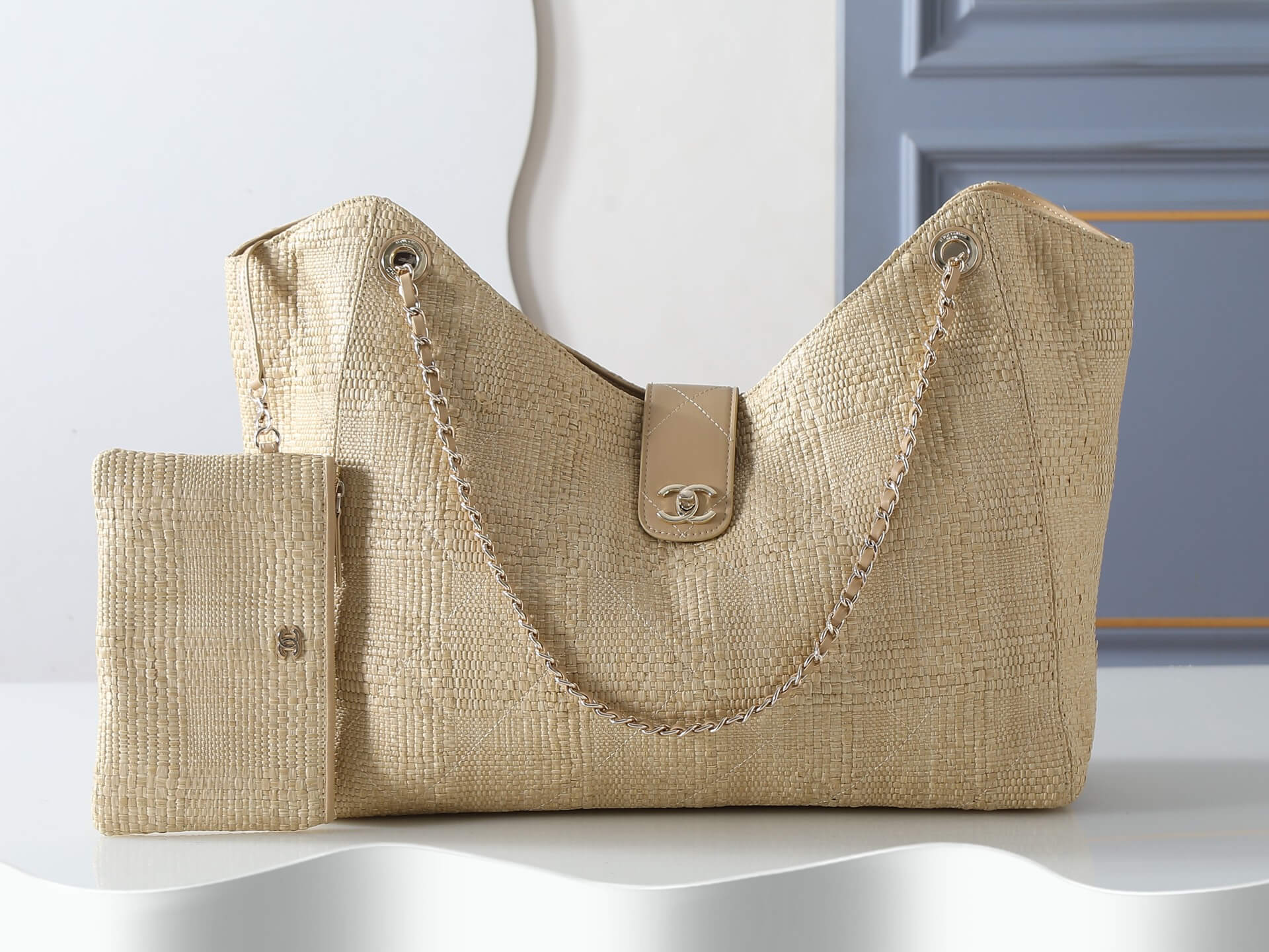 Chanel Beige Woven Raffia Large Shopping Tote Bag with Pouch Silver Hardware.