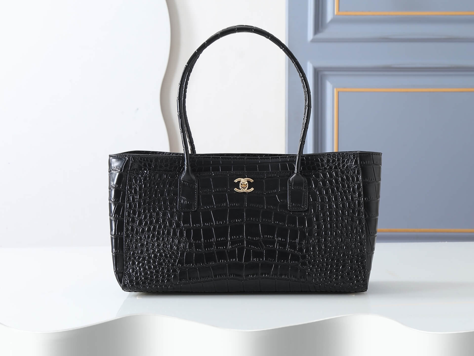 Chanel Black Croc-Embossed Leather Shopping Tote Bag Gold Hardware.