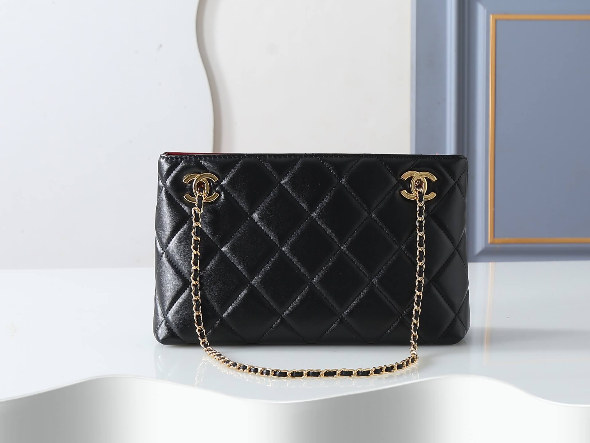 Chanel Black Quilted Lambskin Chain Shopping Tote Bag Gold Hardware.