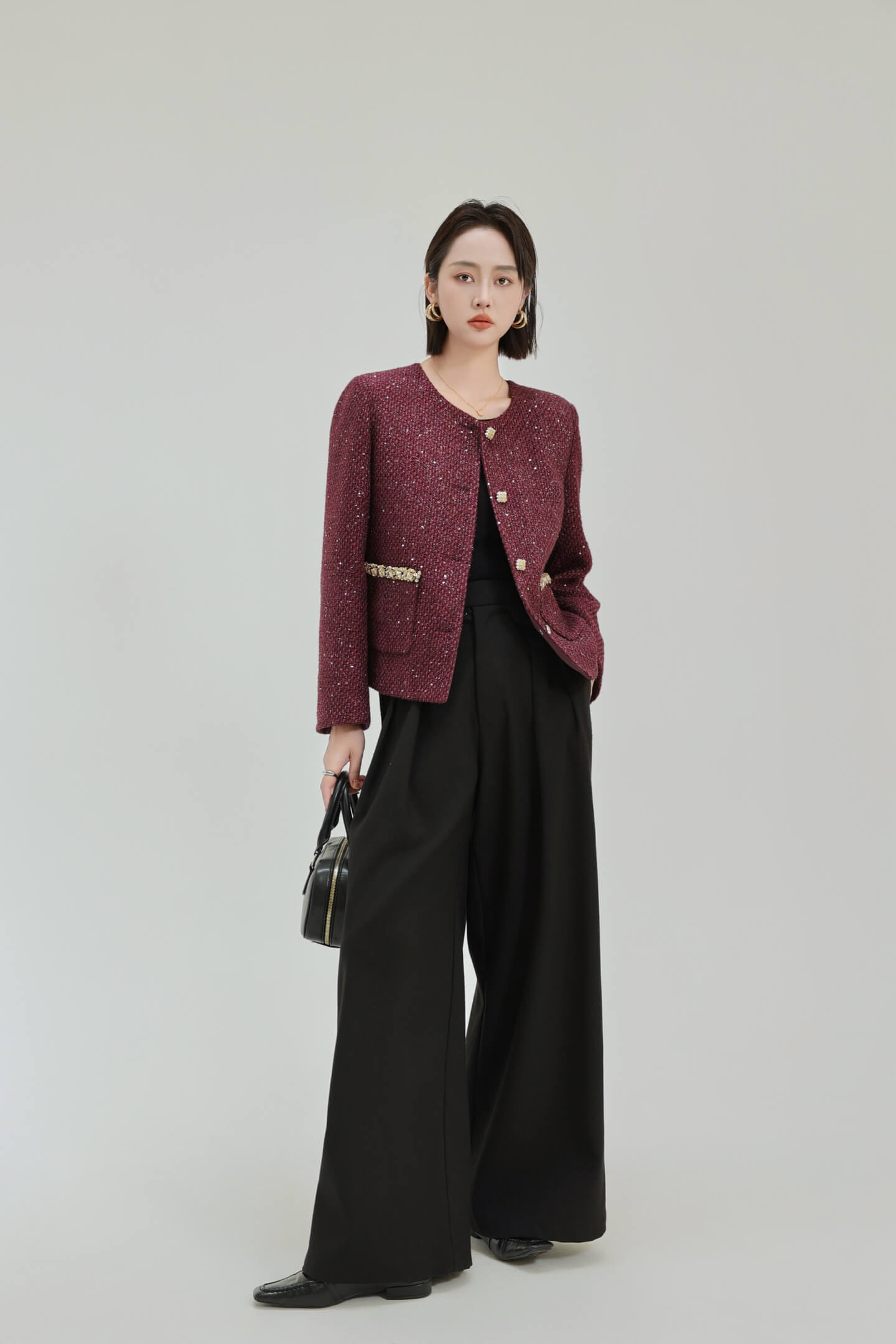 Chanel Burgundy Sequin Tweed Embellished Pocket Jacket