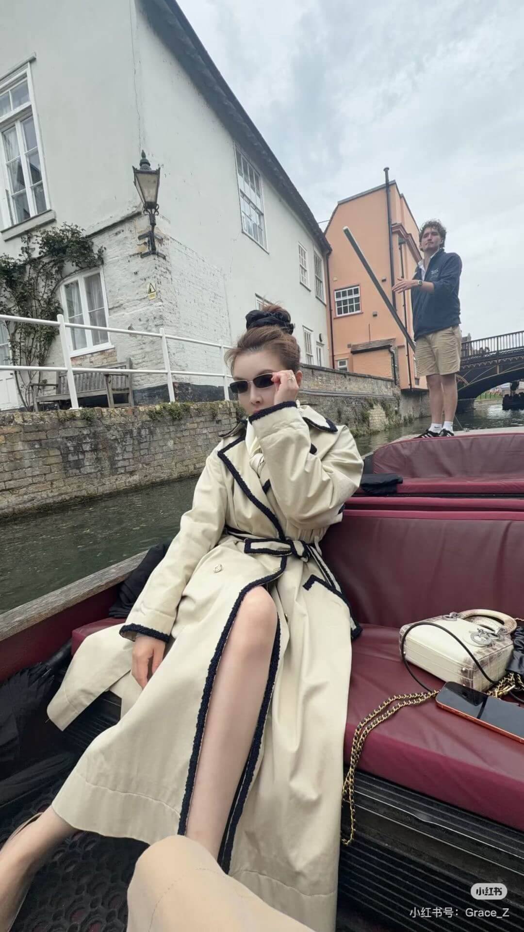 Chanel Contrast-Trim Belted Long Trench Coat – Ecru & Navy: