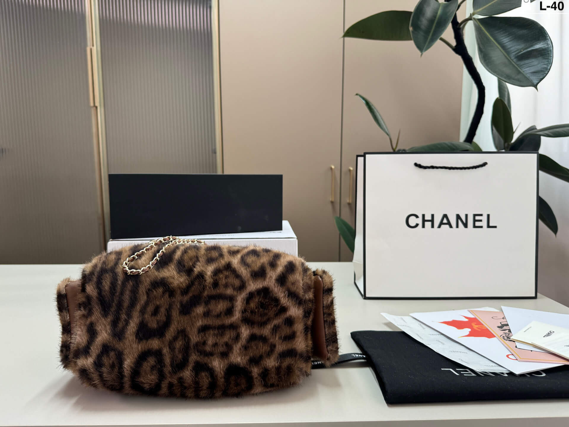 Chanel Leopard Print Faux Fur Mini Drawstring Shoulder Bag with Gold Chain - Image 3