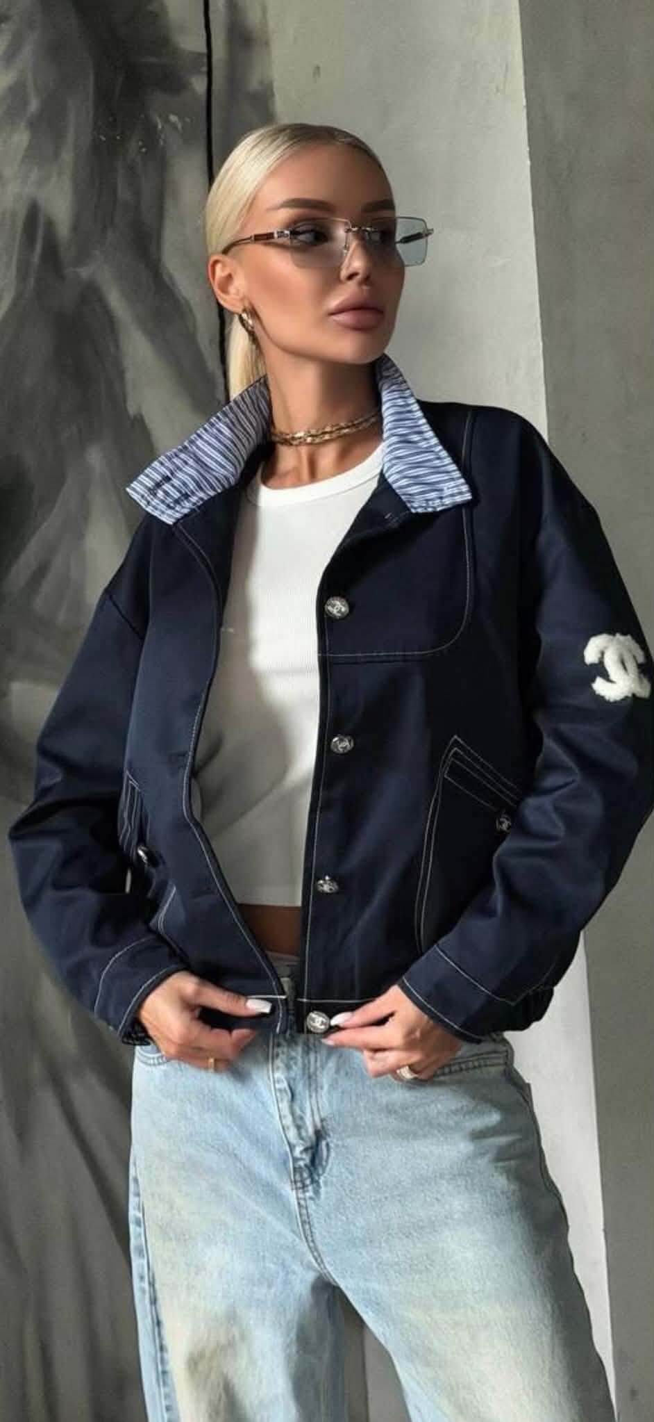 Chanel Navy Blue Contrast Stitching Cotton Bomber Jacket