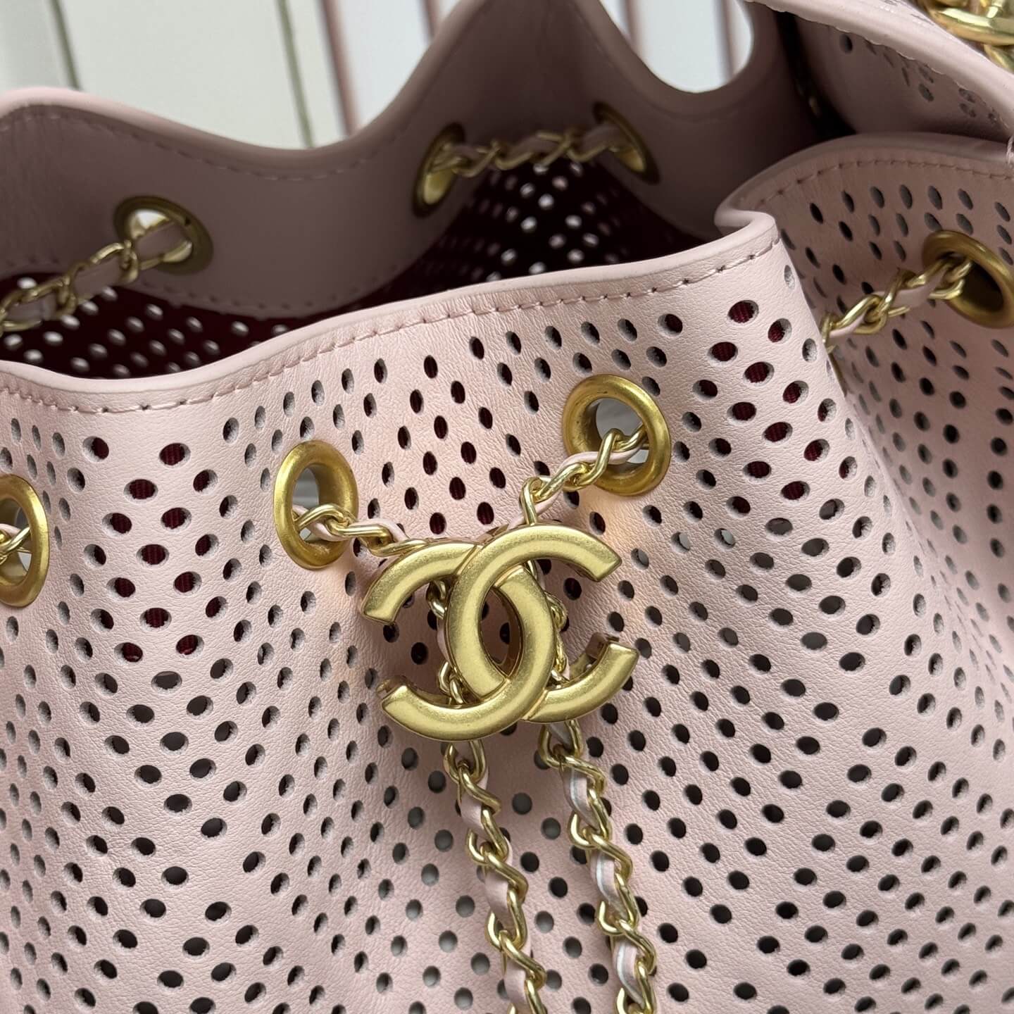 Chanel Perforated Pink Leather Hobo Bag with Gold-Tone Chain Hardware. - Image 2
