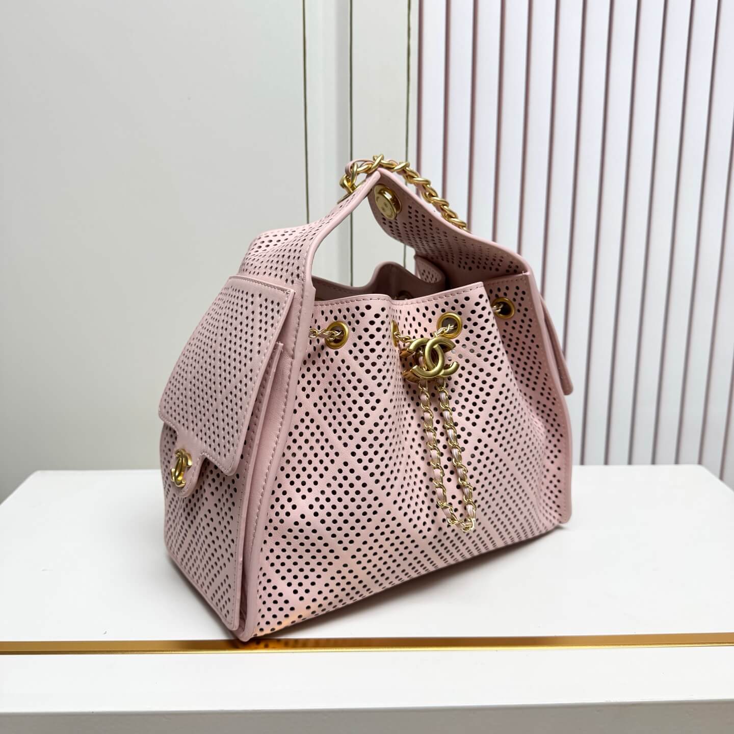 Chanel Perforated Pink Leather Hobo Bag with Gold-Tone Chain Hardware. - Image 3