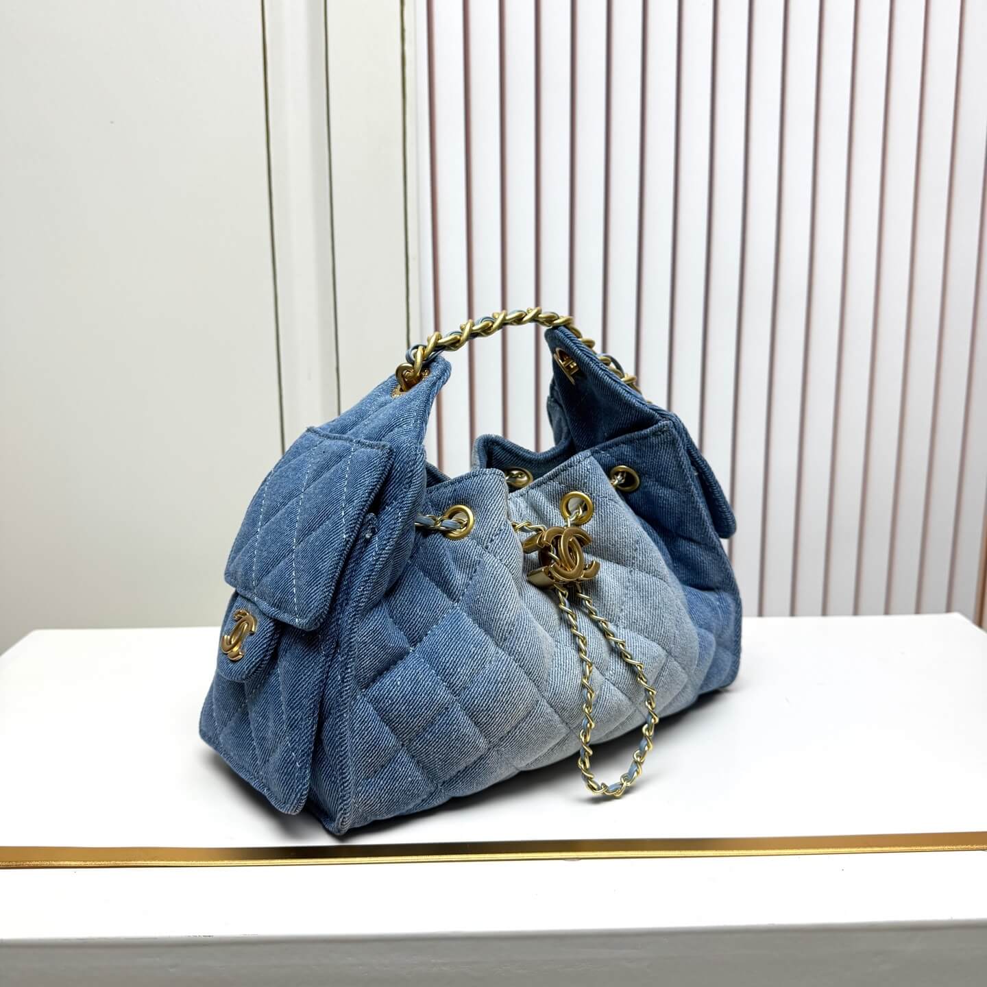 Chanel Quilted Blue Denim Hobo Bag with Gold-Tone Chain Hardware. - Image 3