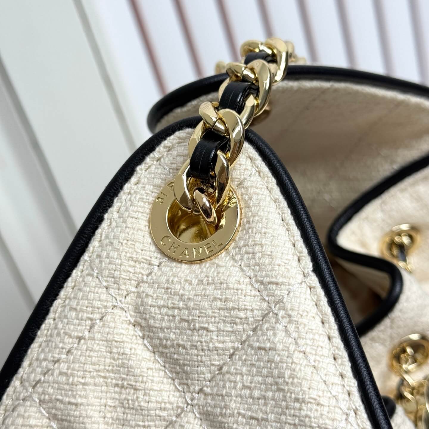 Chanel Quilted Canvas Hobo Bag with Black Trim and Gold-Tone Chain Hardware. - Image 5